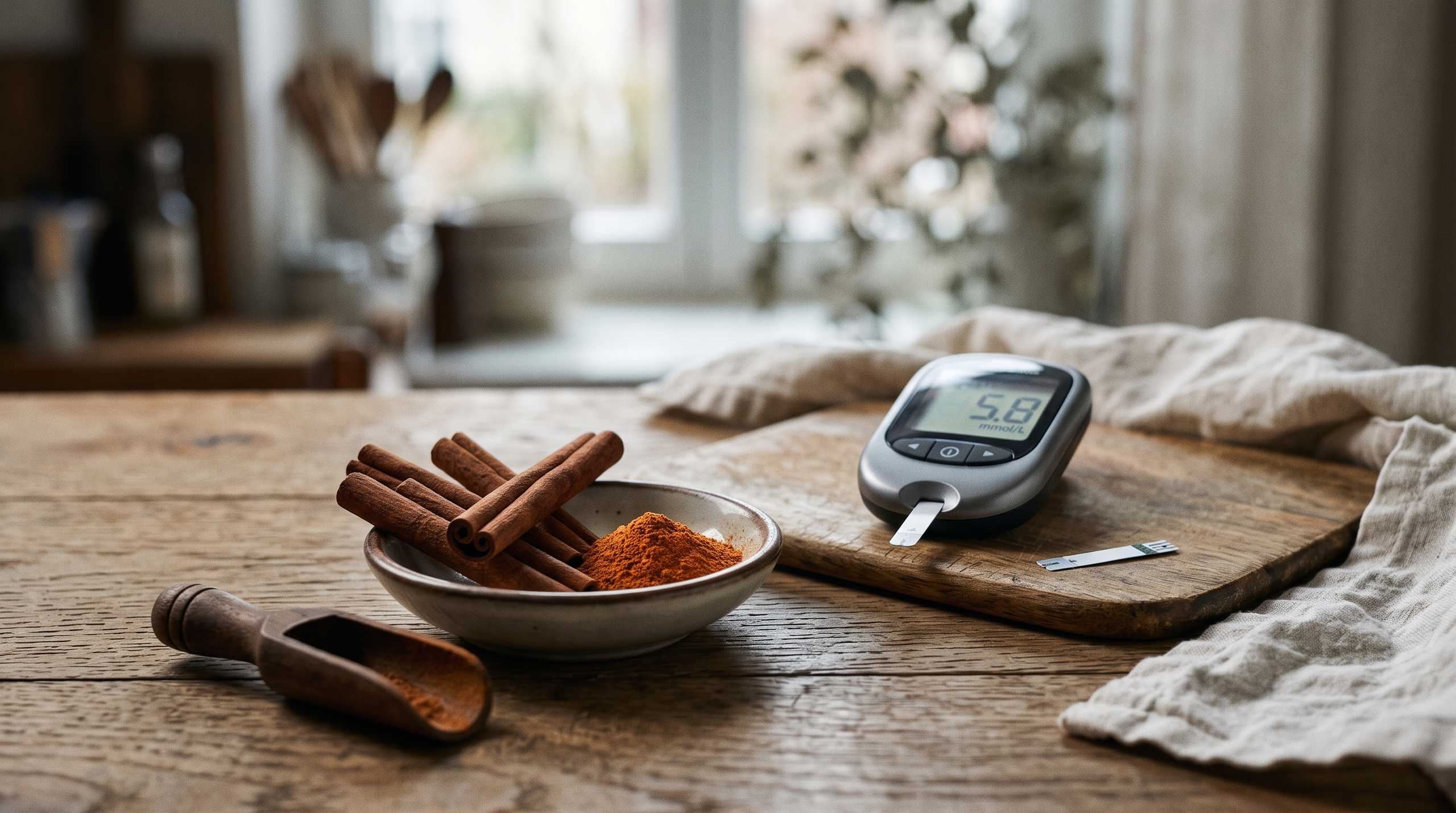 Cinnamon sticks and ground cinnamon with a blood sugar meter.