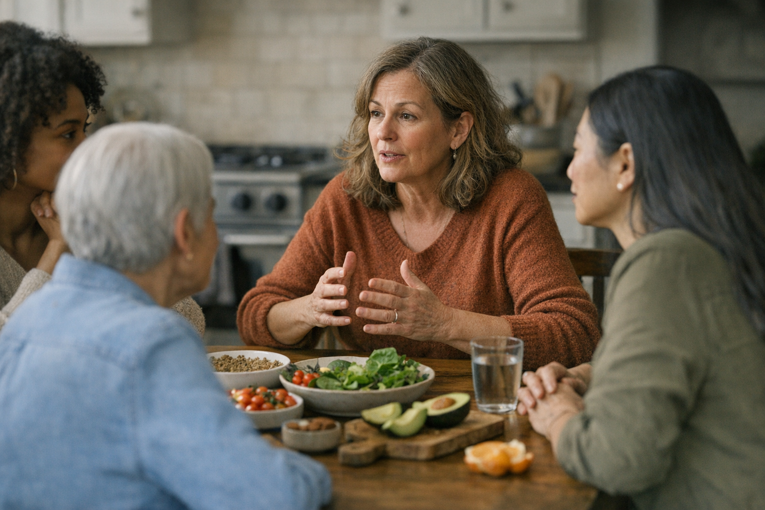 Women discussing diet and menopause in a kitchen