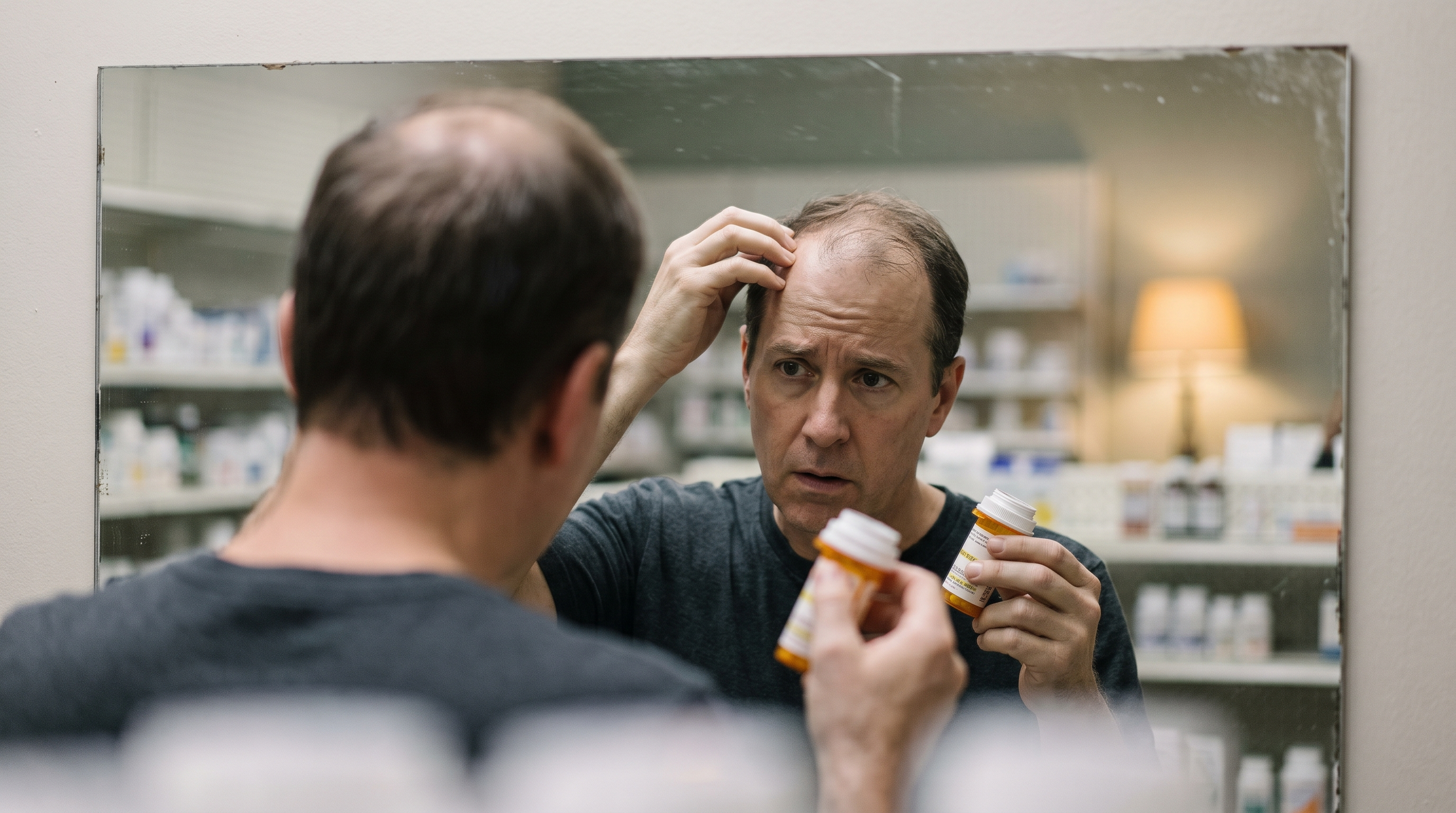 A person contemplating the effects of GLP-1 medication on hair loss.