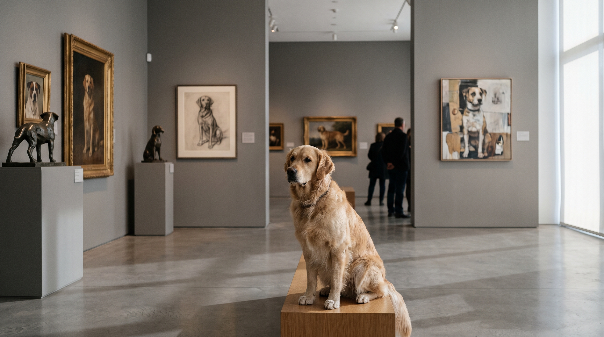 Hero image featuring a dog in an art gallery with various dog art styles.