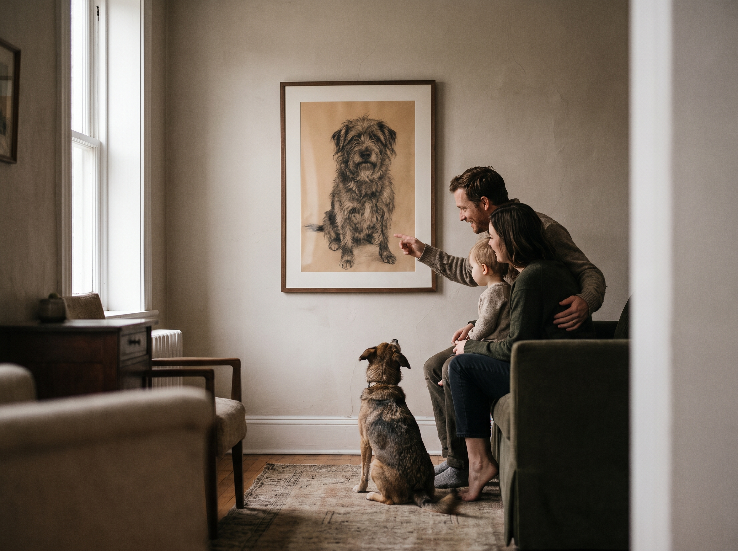Photograph of a family enjoying their dog art in their home.