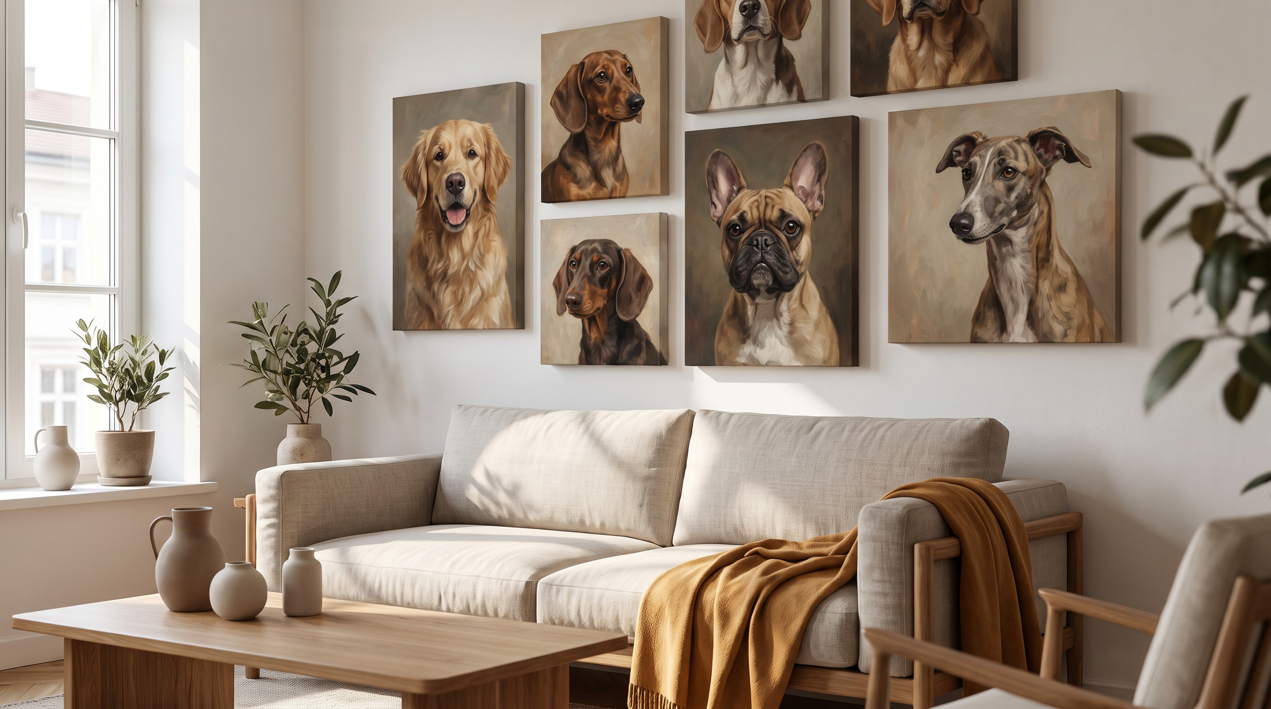 A collection of dog canvas prints displayed in a stylish living room.