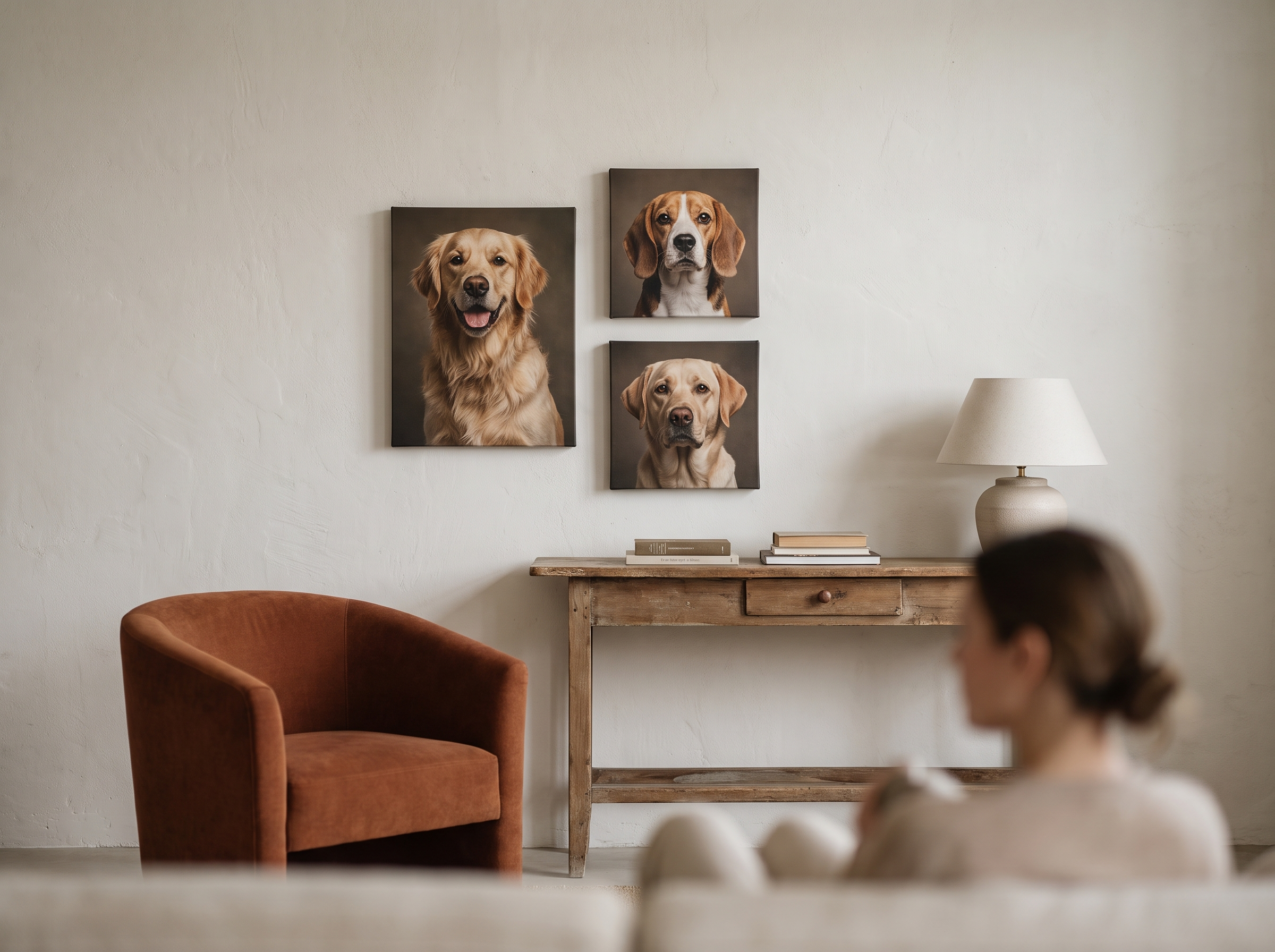 Living room with dog canvas prints elegantly displayed.