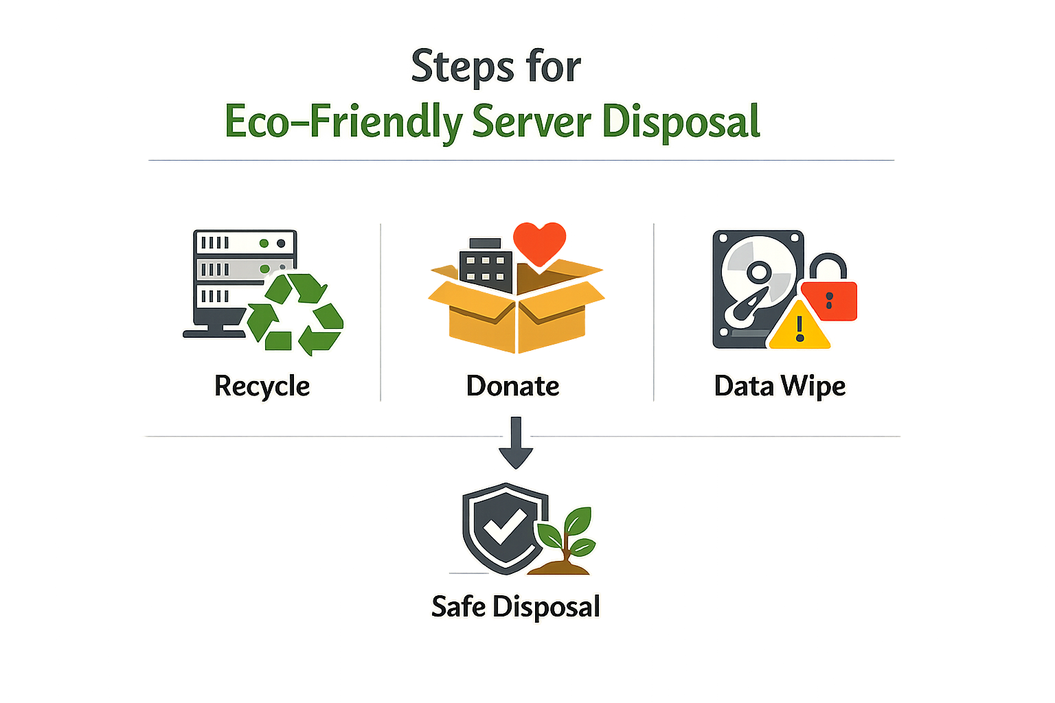 Steps for eco-friendly server disposal showing a structured process for sustainable server disposal.