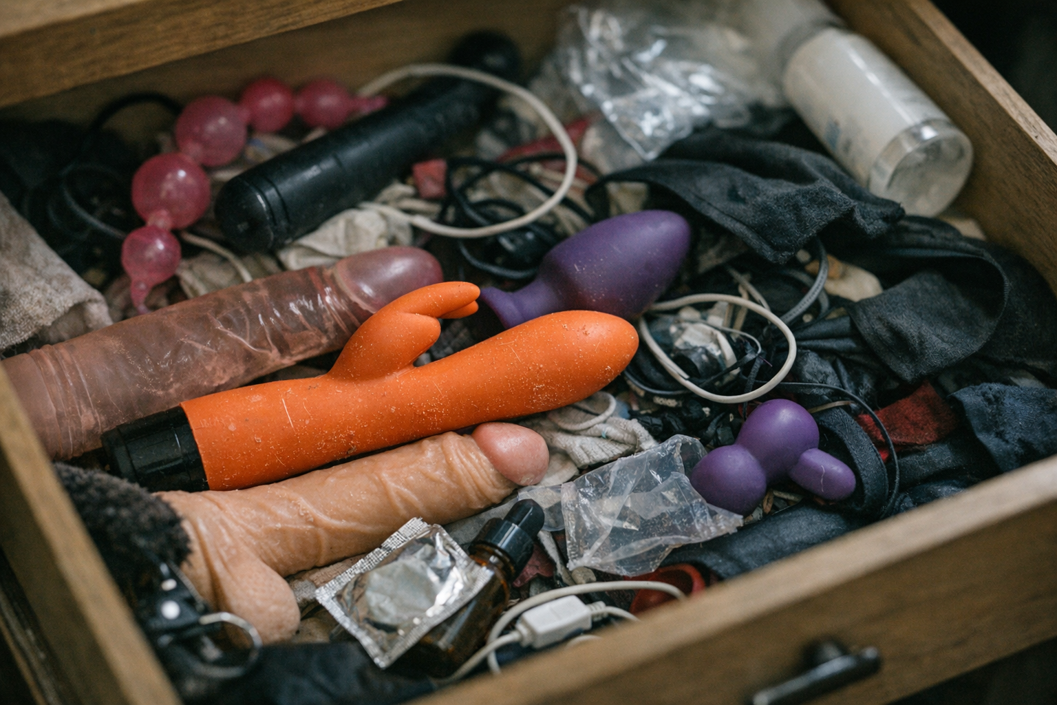 Cluttered drawer with sex toys