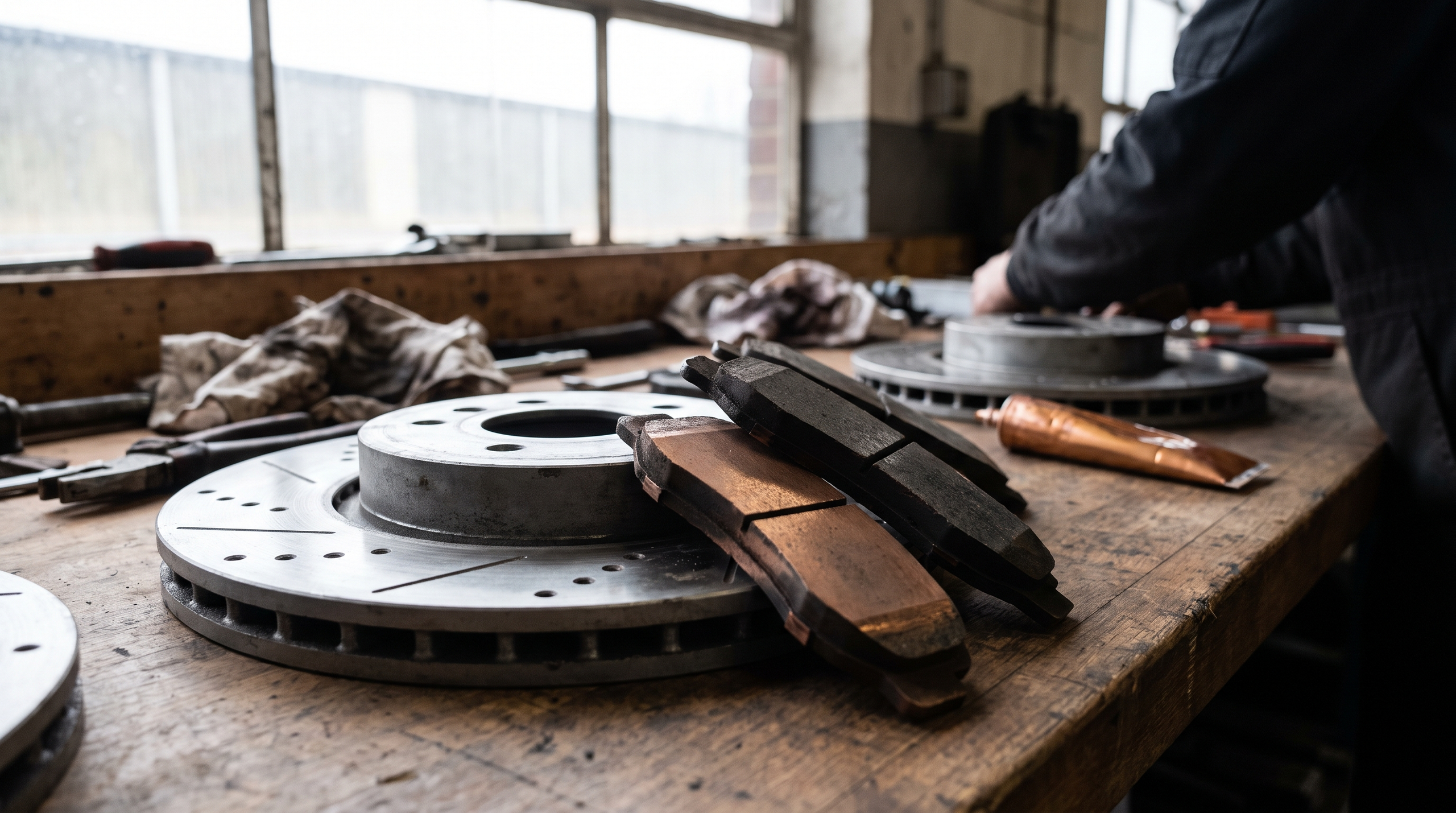 High-performance European car brake pads and rotors on a workshop bench.
