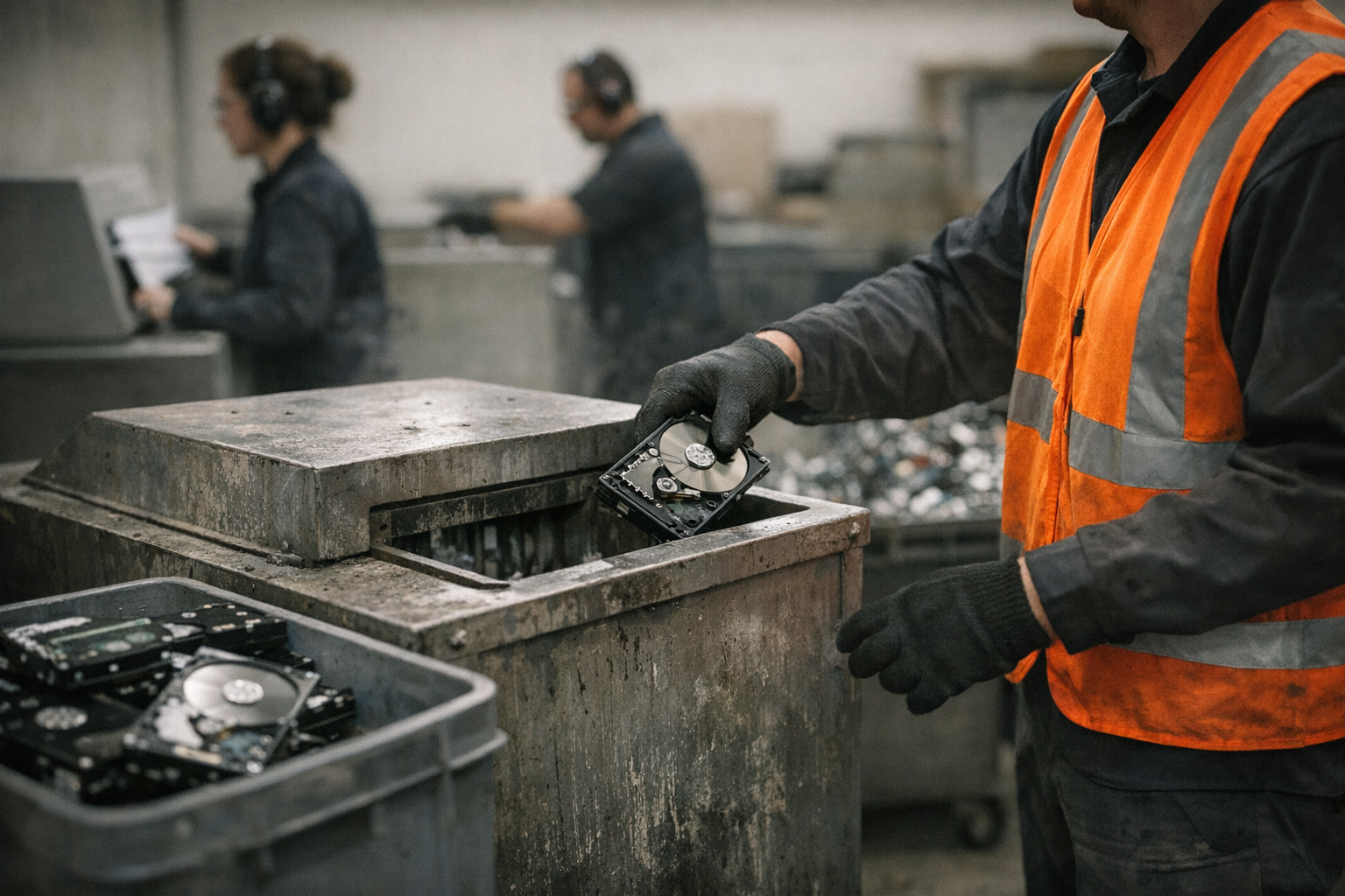 Data destruction facility with employees at work