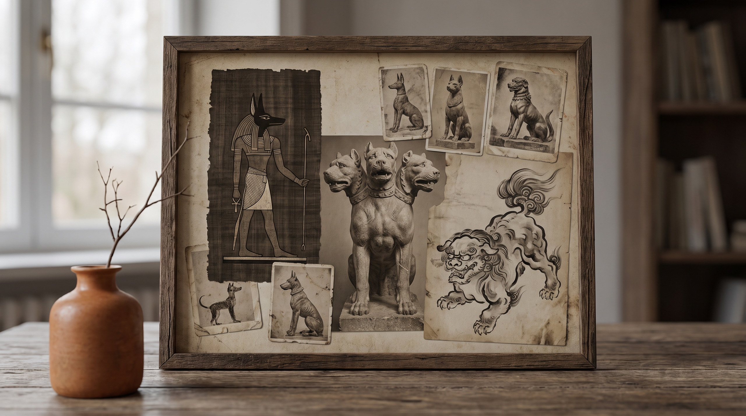 Collage of mythological dog portraits