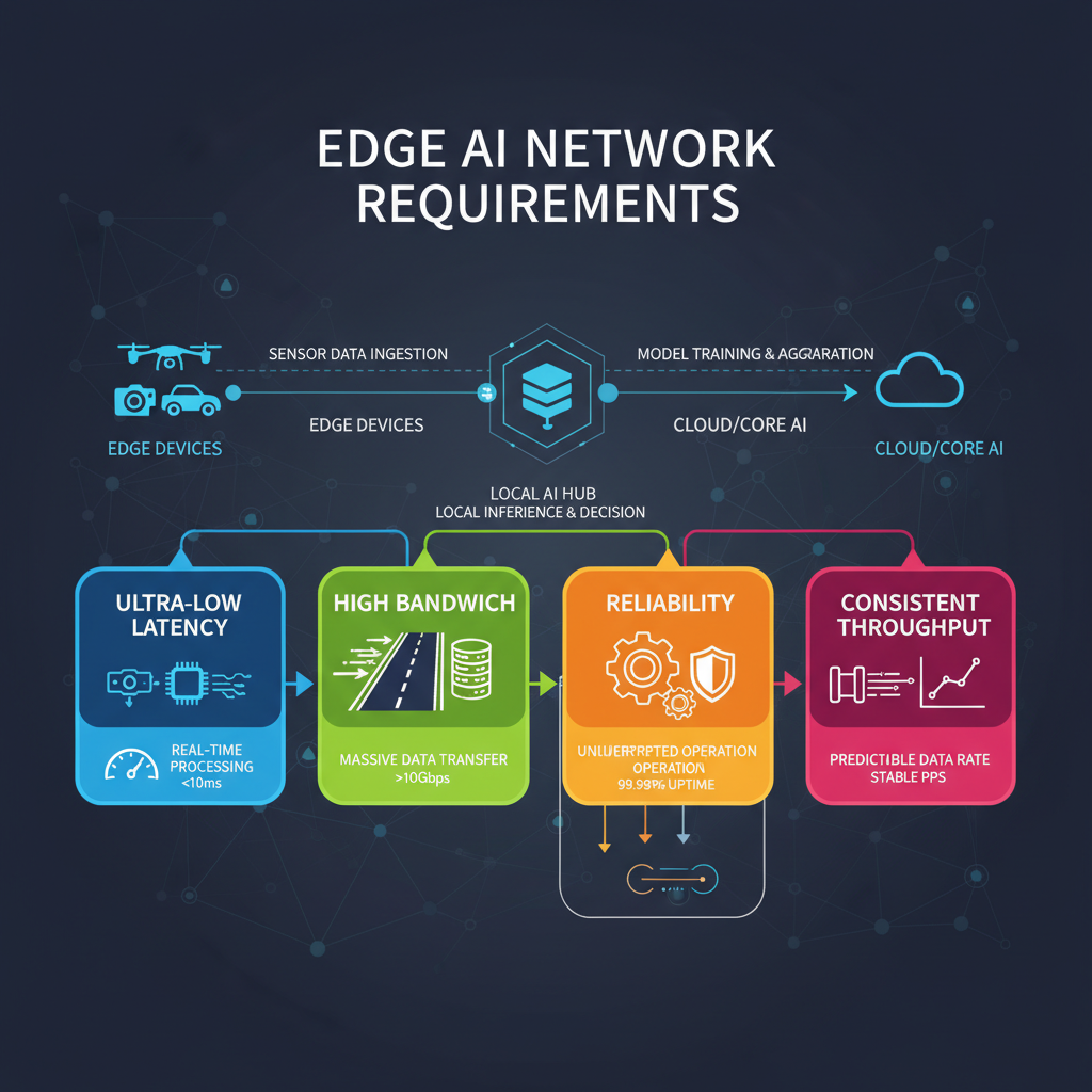 Key requirements of edge AI networks visualized through diagrams.
