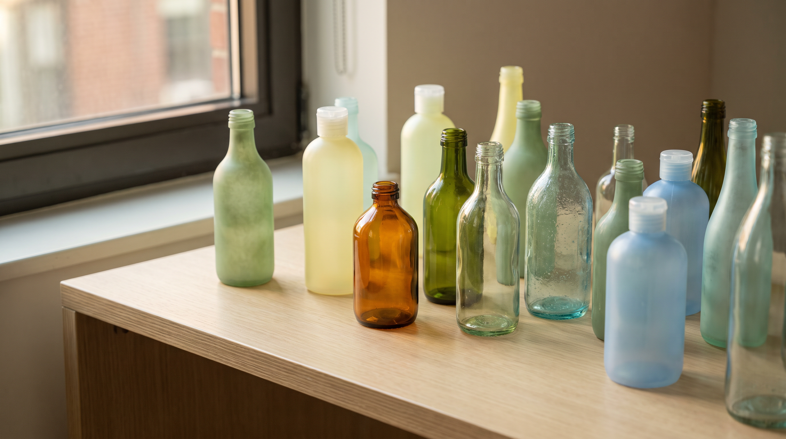 A variety of flavored lube bottles on a clean surface.