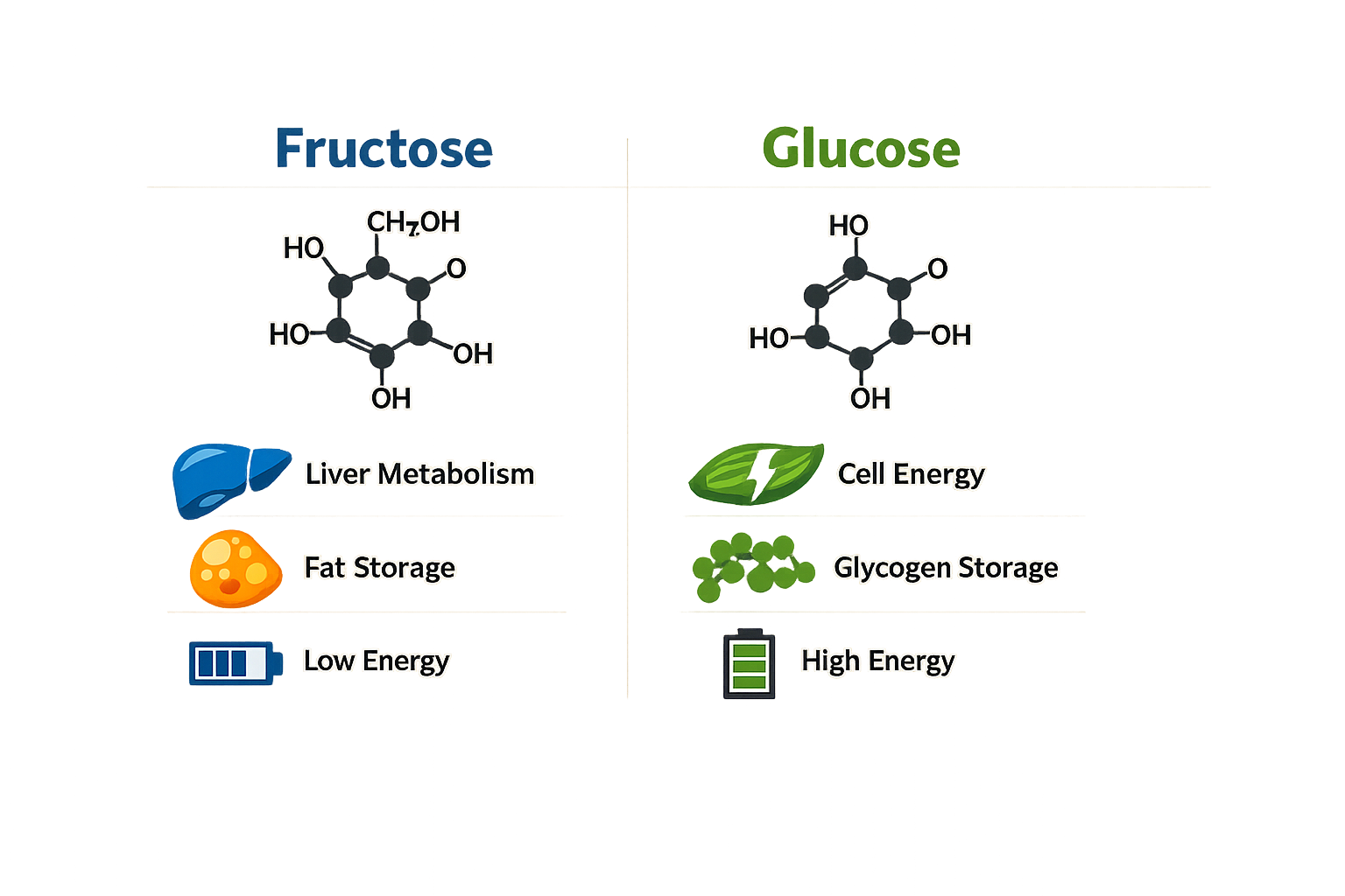 Comparison of fructose and glucose molecular structures