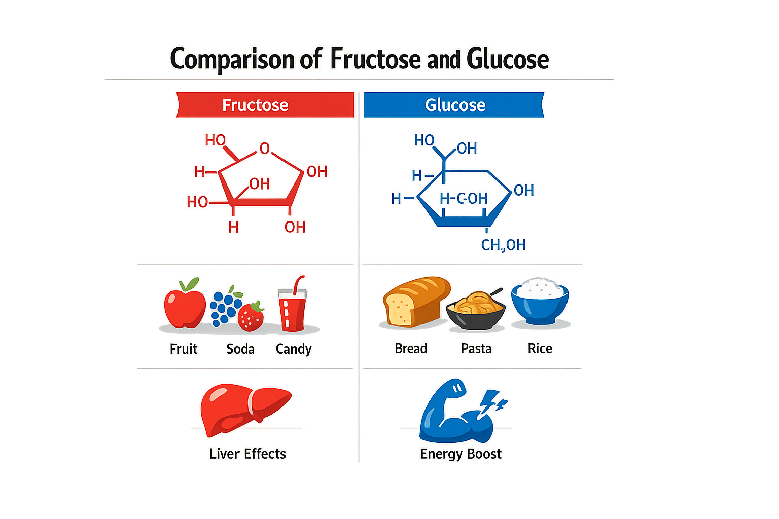 Comparison of fructose and glucose with their structures and sources