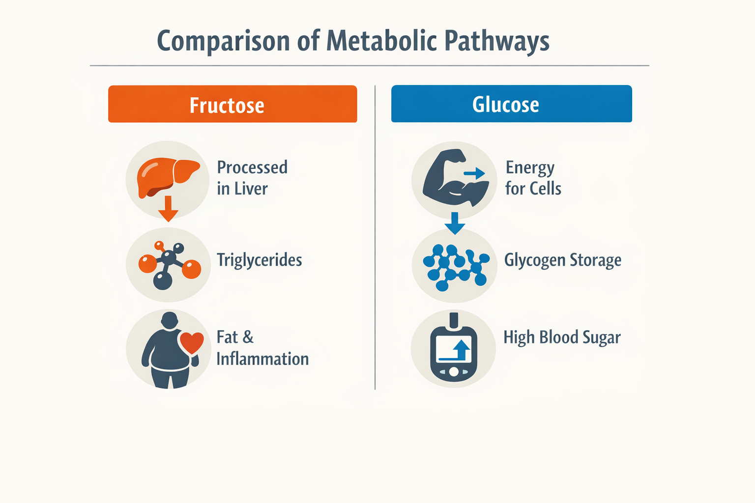 Comparison of metabolic pathways for fructose vs glucose