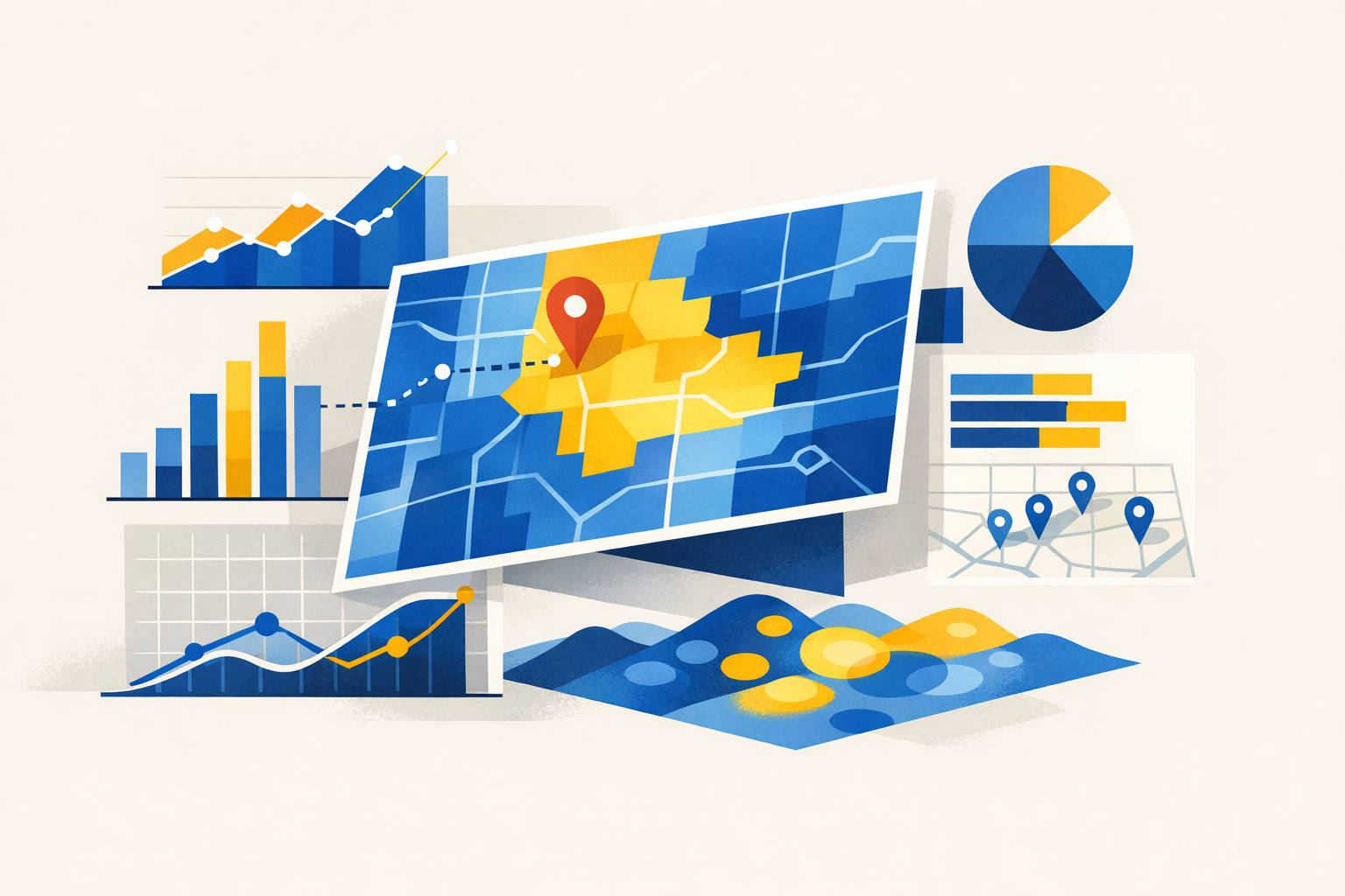 An abstract representation of geo optimization with digital maps and analytics.