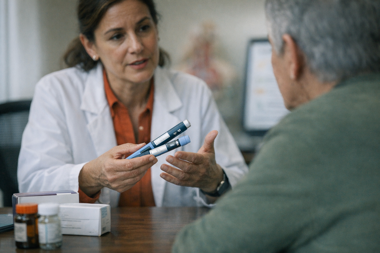 Healthcare professional explaining GLP-1 medications to a patient.