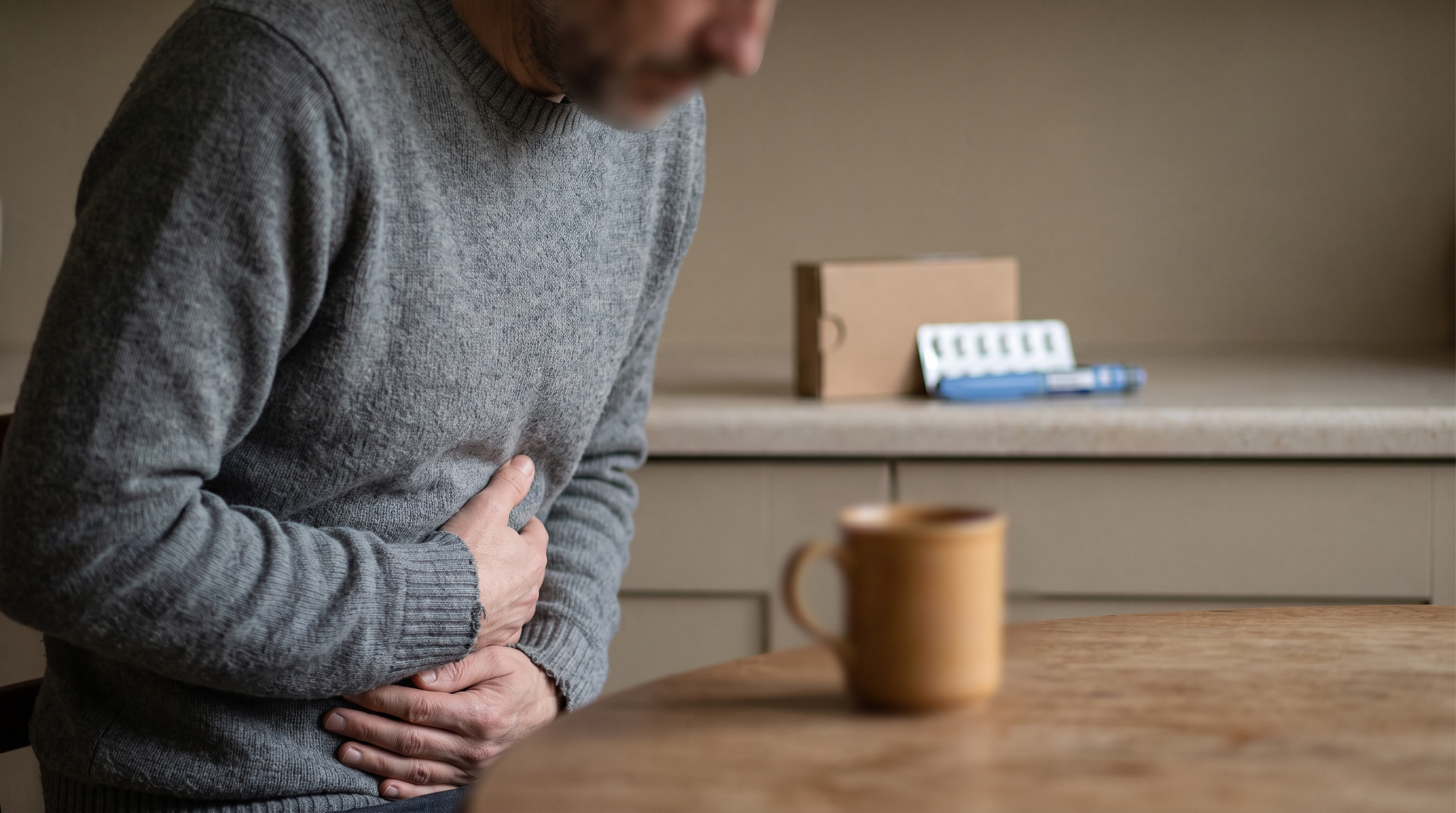 A person holding their stomach, indicating nausea with GLP-1 medication in the background.
