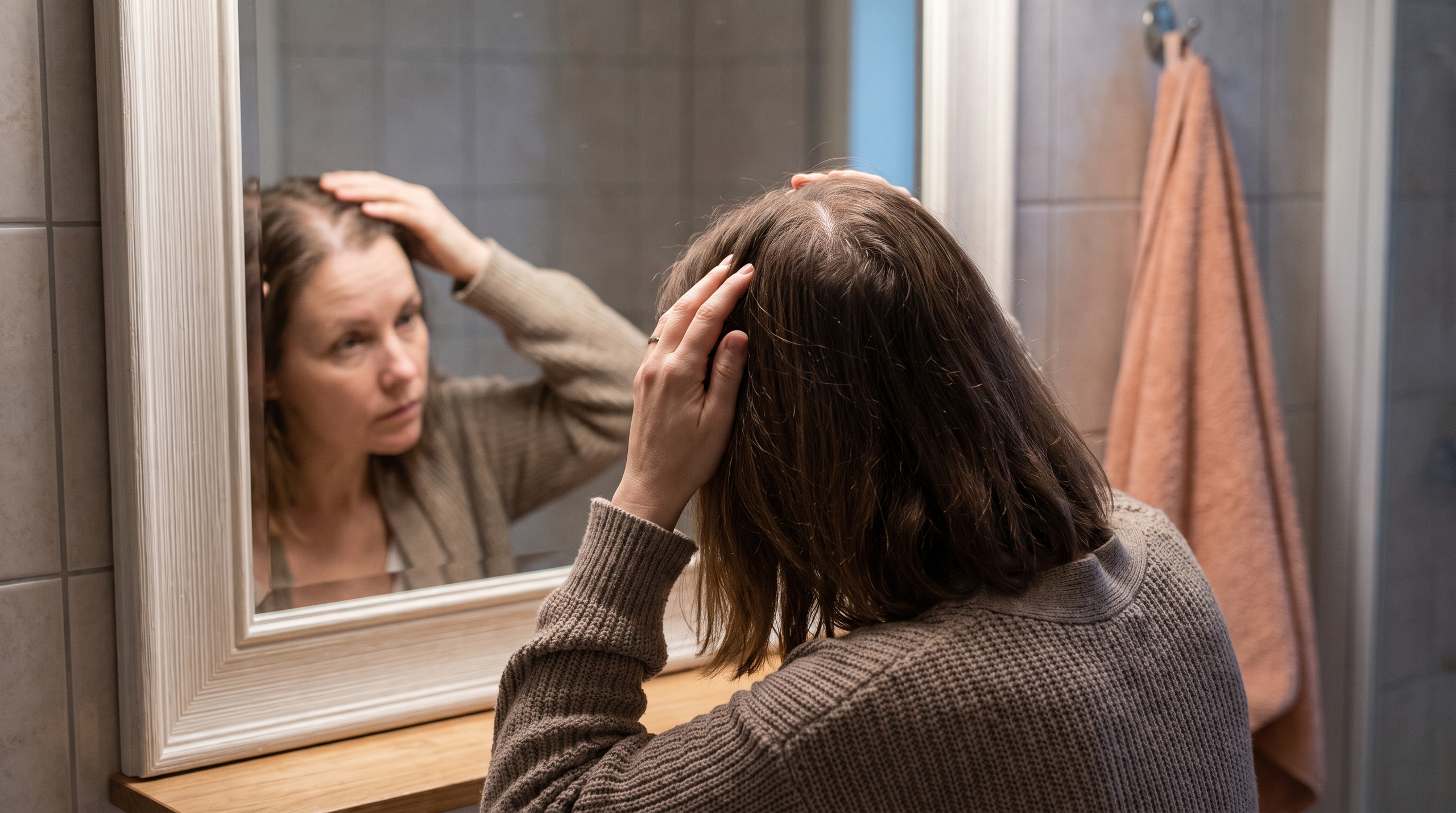 A woman examining her hair for thinning in a bathroom.