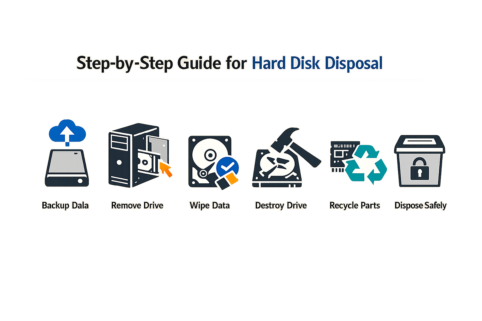 Step-by-step guide for old hard disk disposal showing secure data destruction processes