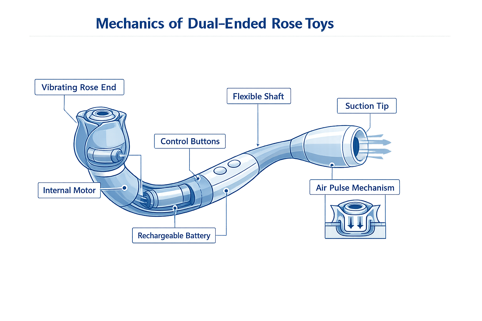 Diagram showing the mechanics of dual-ended rose toys with suction and penetration features