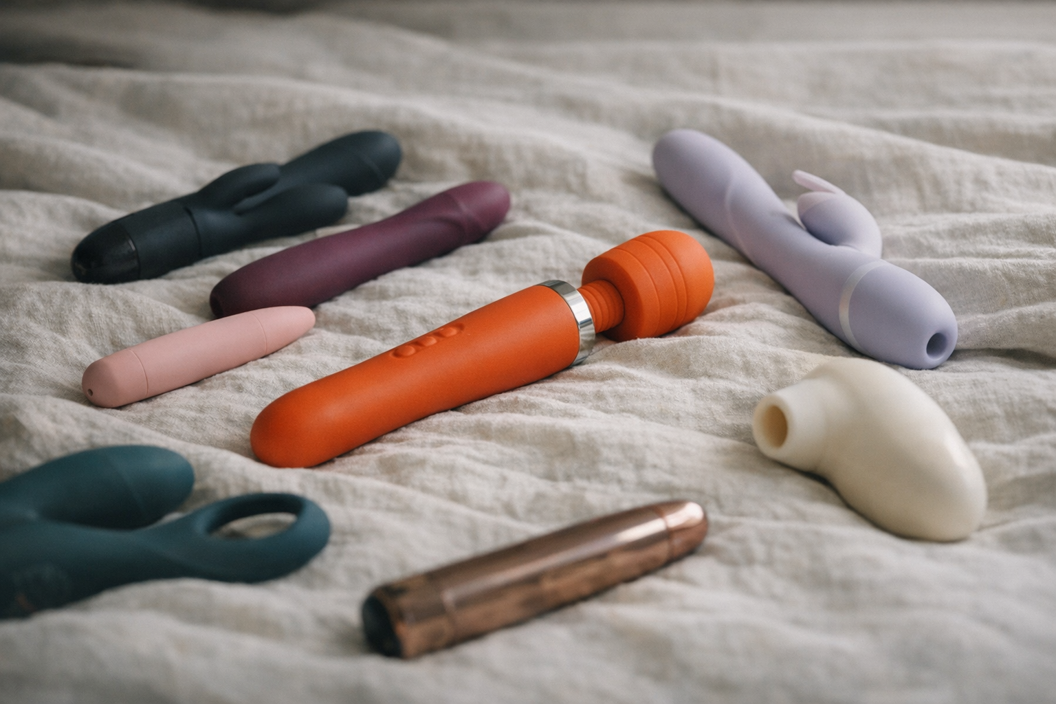 A collection of vibrators displayed on a soft fabric background.