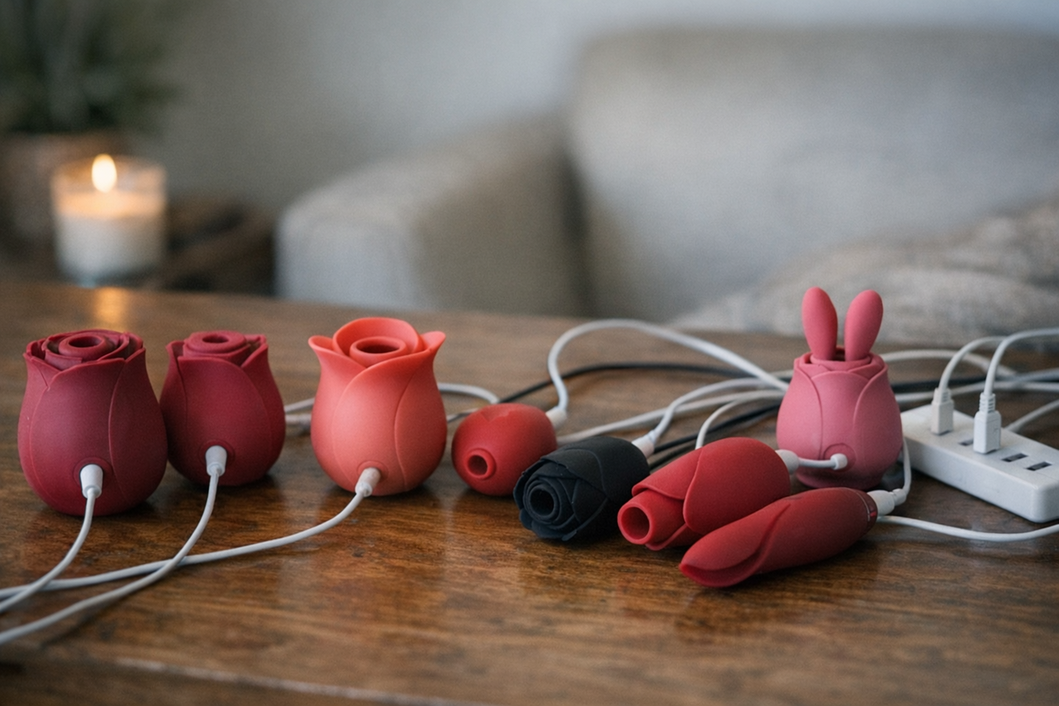 A variety of rose toy models charging on a table.