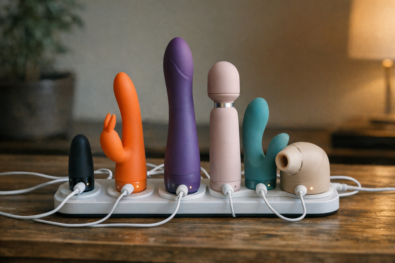 A collection of different types of vibrators on a charging station.