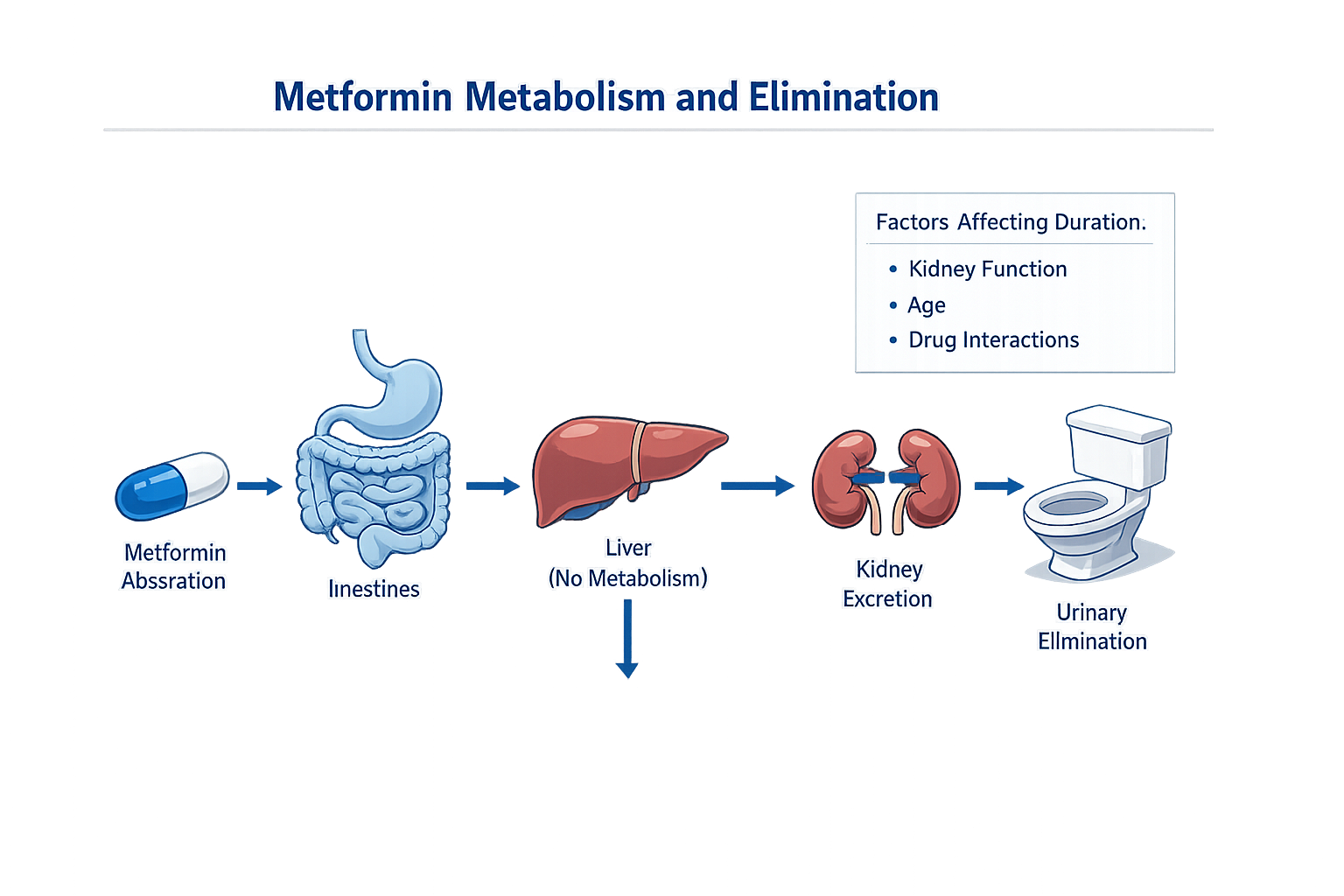 Diagram showing metformin metabolism and elimination pathways through the kidneys, illustrating how long metformin stays in your system