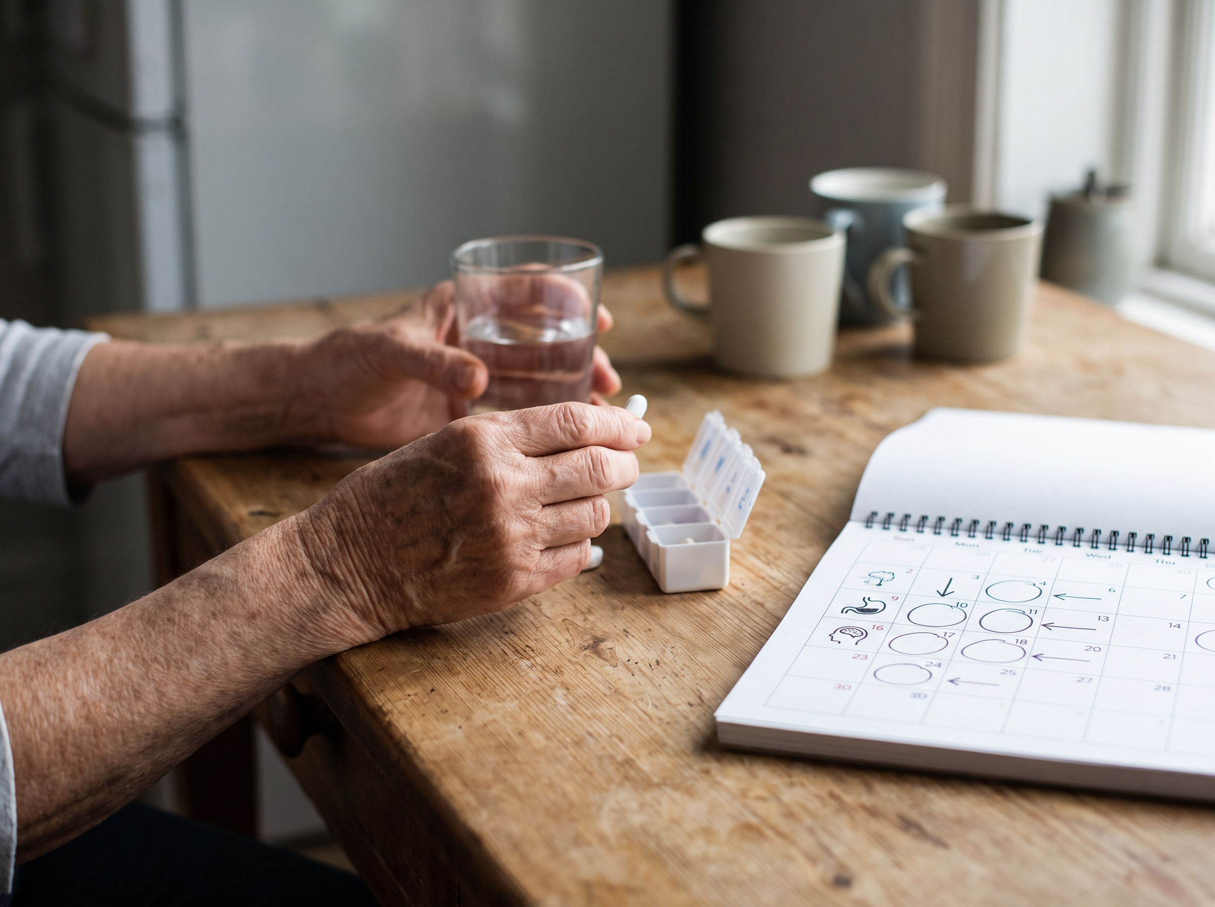 Patient taking metformin with a calendar showing daily medication timing and routine