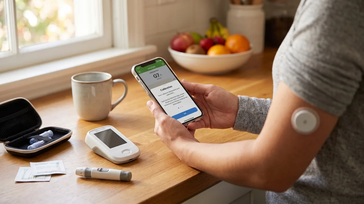 A person calibrating a Dexcom G7 glucose monitor in a kitchen.