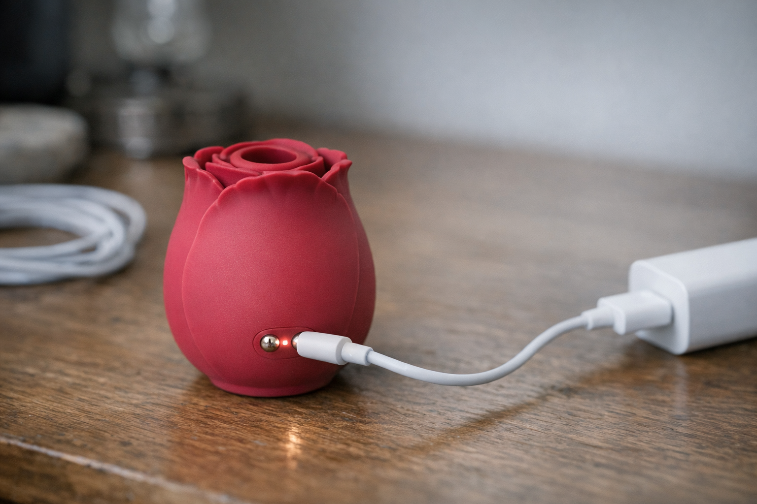 A rose toy being charged with a magnetic charger.