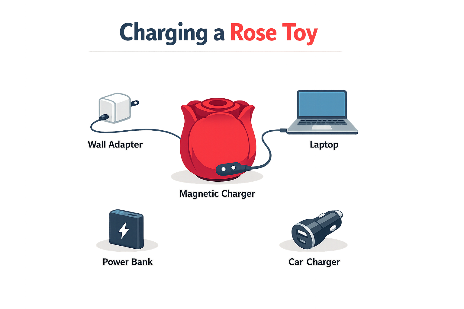 Step-by-step guide showing how to charge rose toy with USB cable connected to charging port
