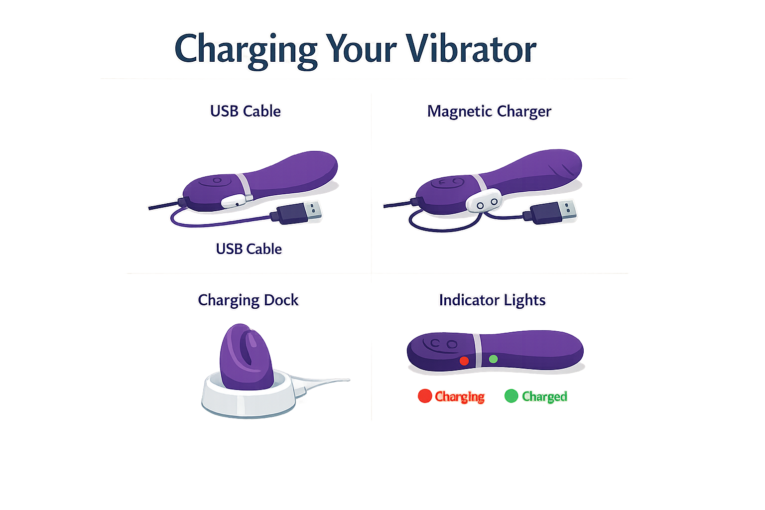 Step-by-step guide showing USB cables, magnetic charging docks, and indicator lights for how do you charge a vibrator