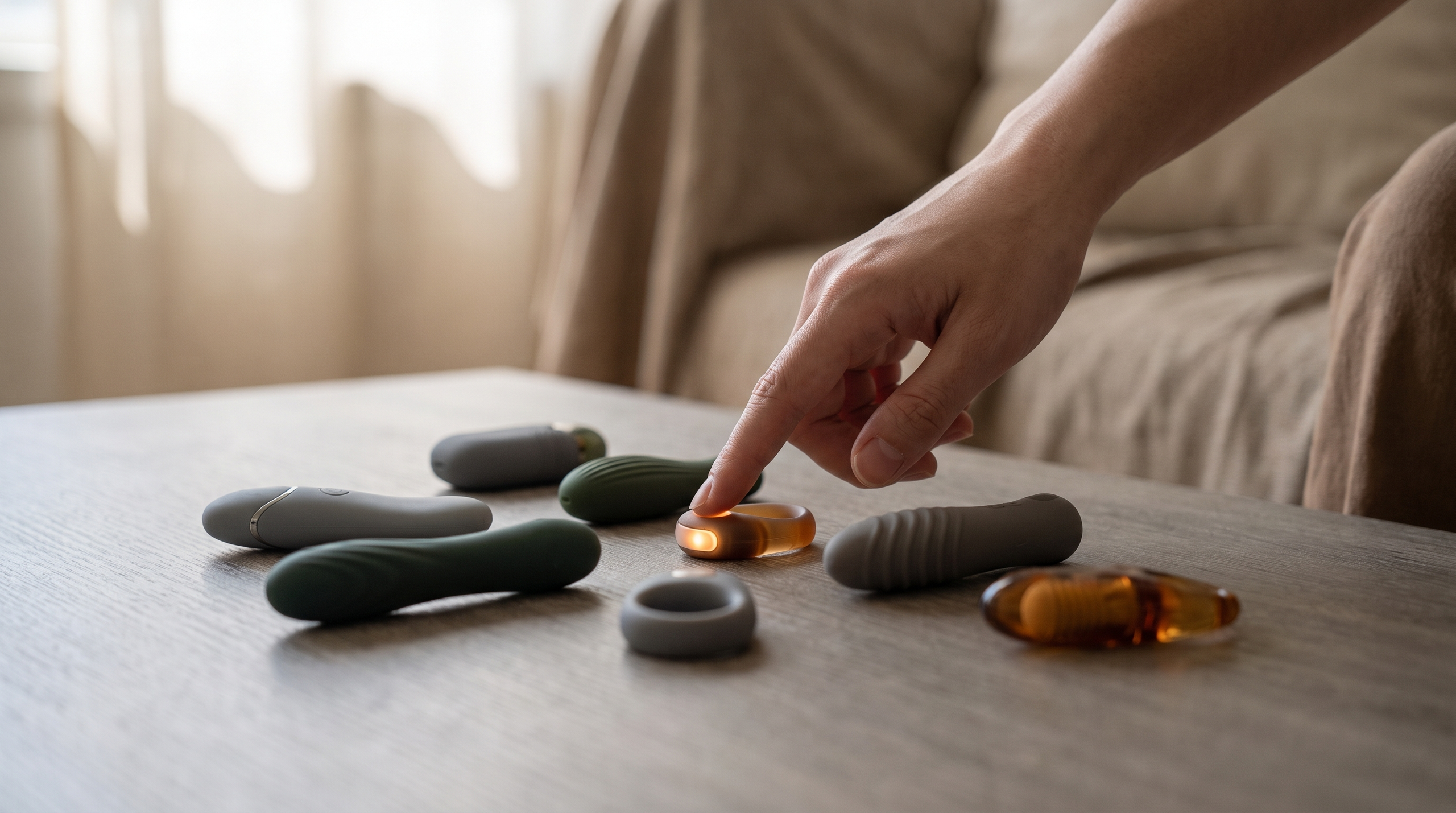 A selection of finger vibrators with a hand choosing one.