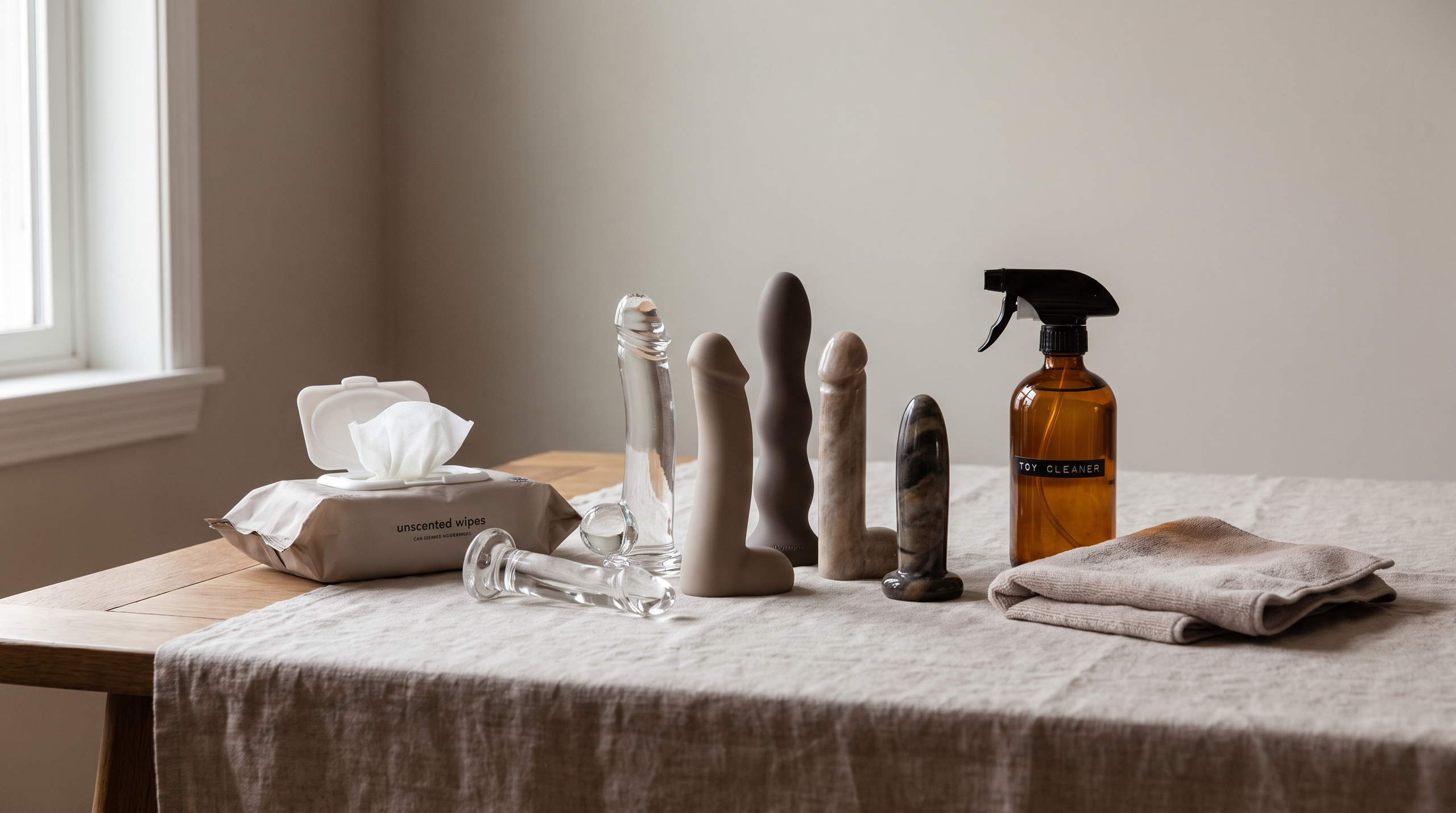 Various types of dildos and cleaning supplies