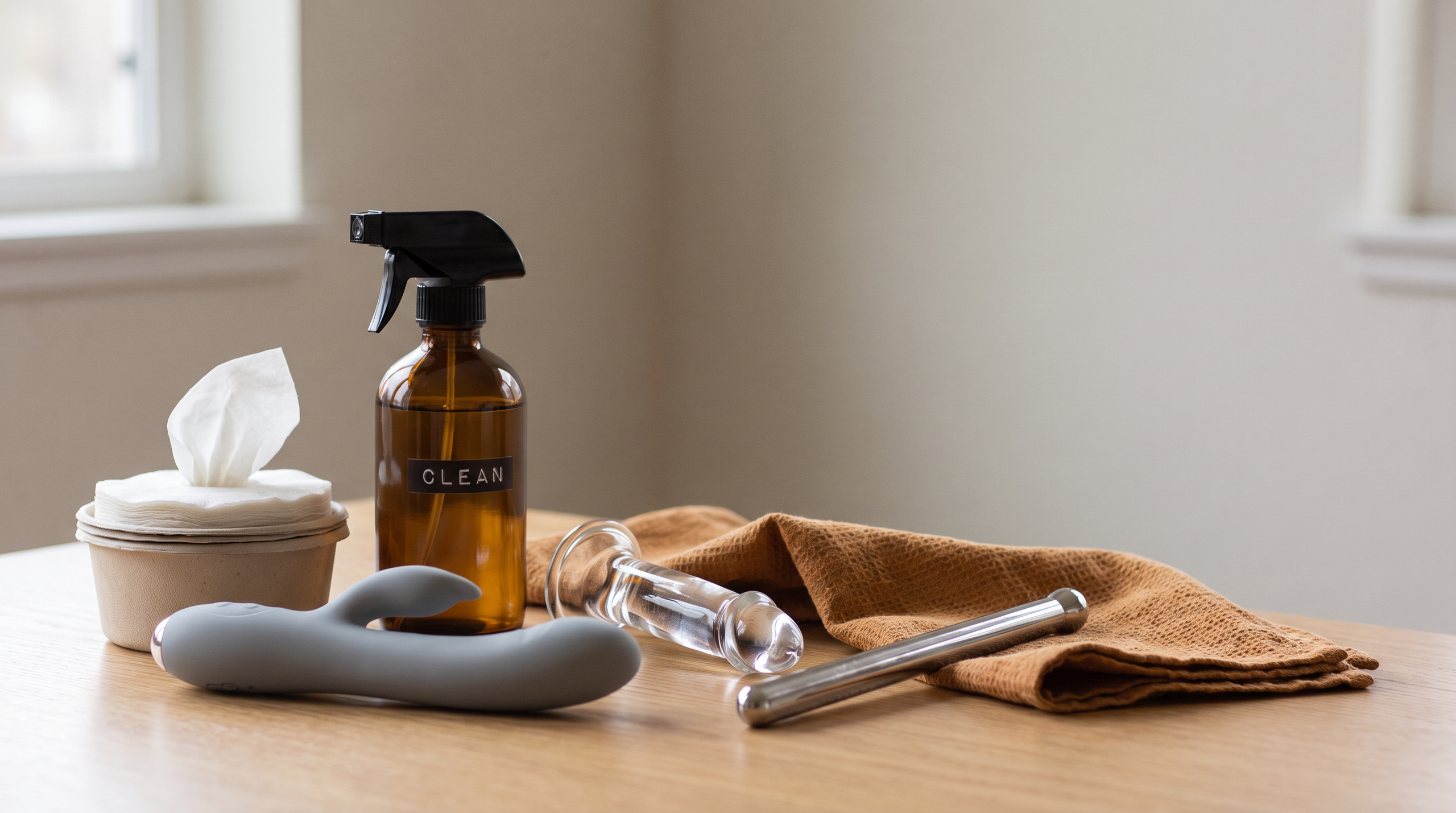 Various sex toys and cleaning supplies