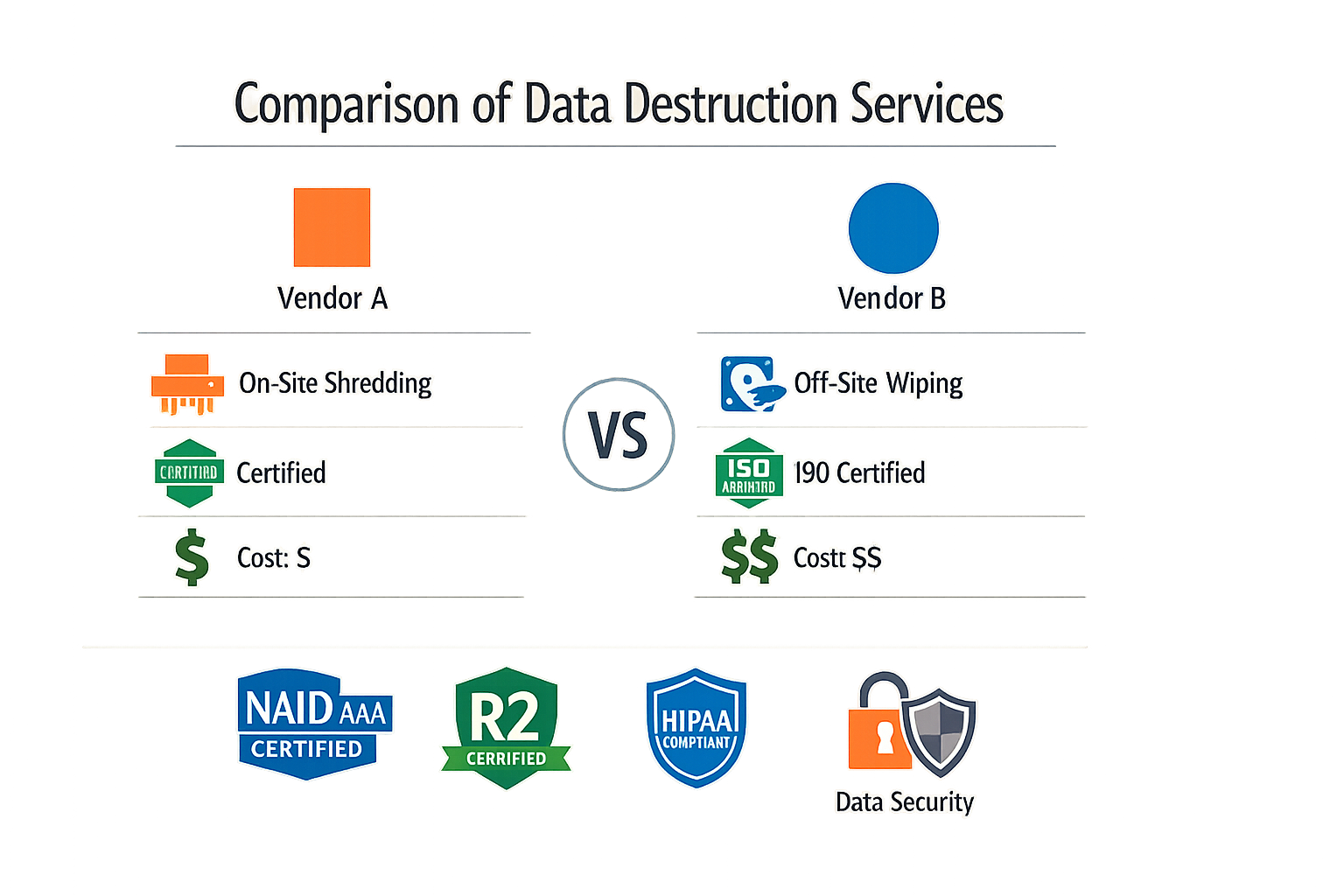 Comparison of data destruction services with vendor logos and certification badges.