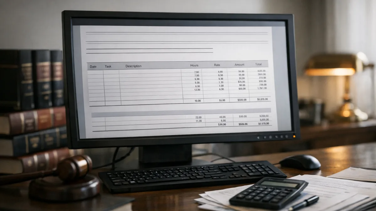 Hero image showing a workspace with a LEDES 1998B invoice template.