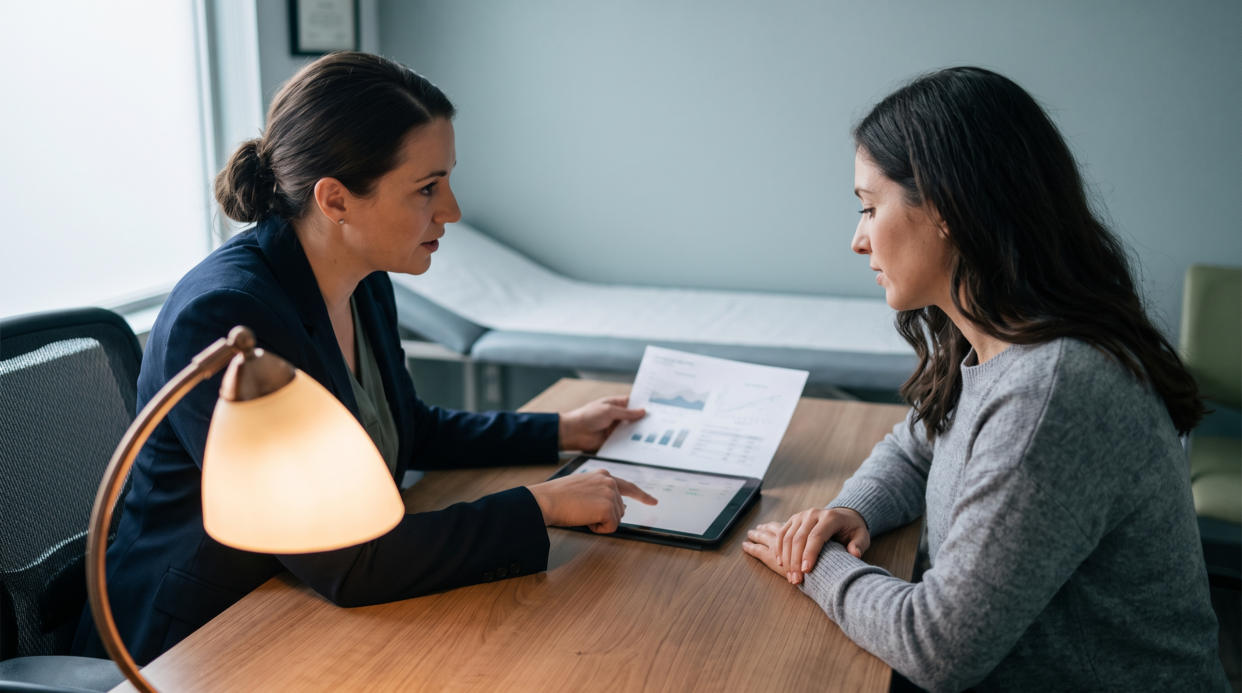 Healthcare professional consulting a patient about A1C management.