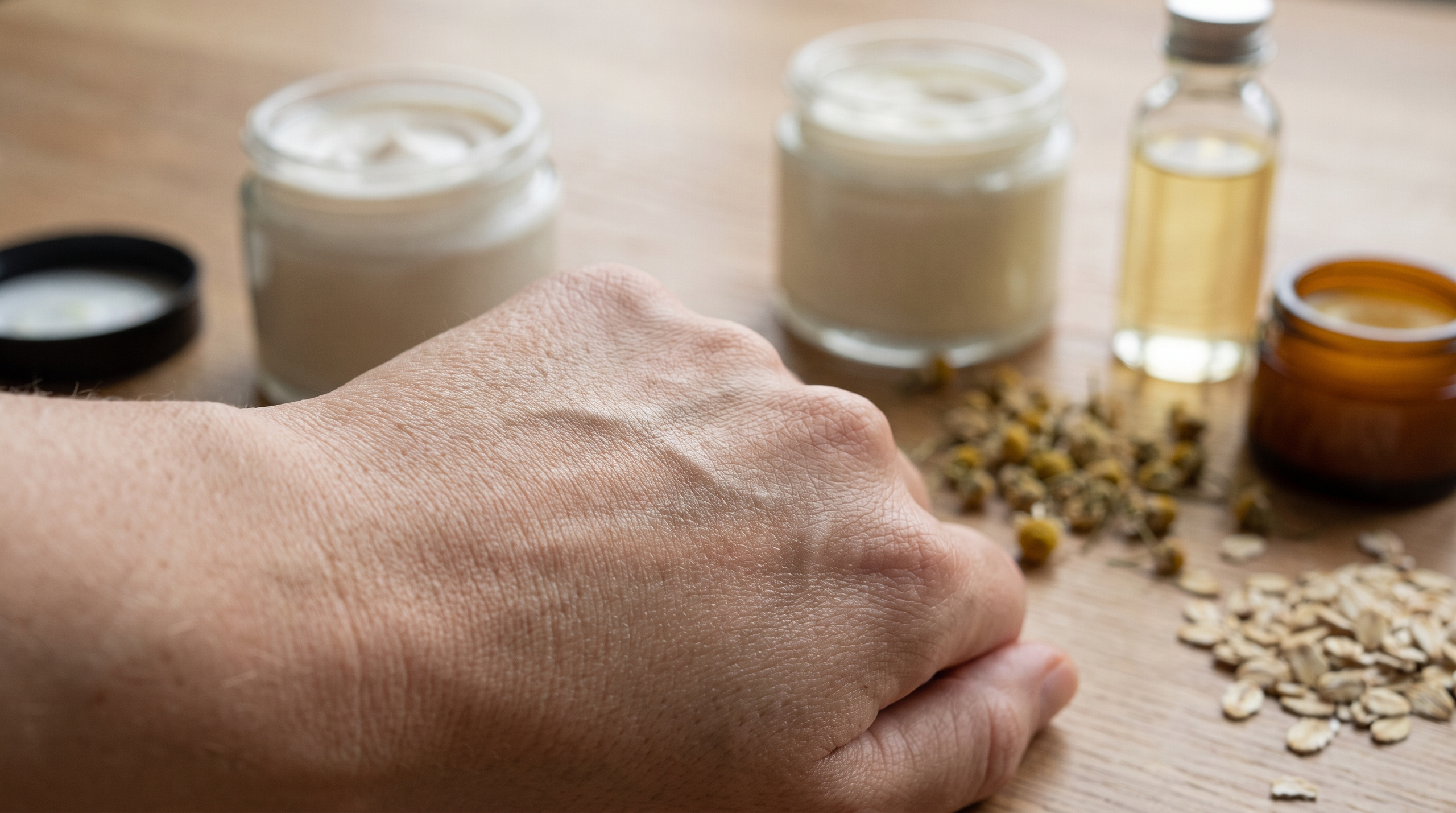 Close-up of healthy skin showcasing the texture and products for skin barrier repair.
