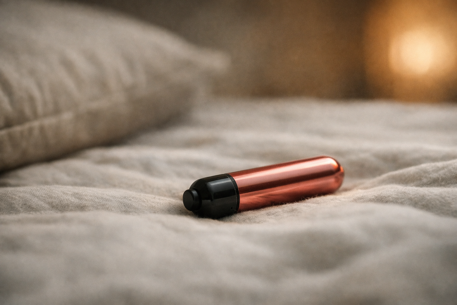 A close-up of a bullet vibrator on a soft surface.