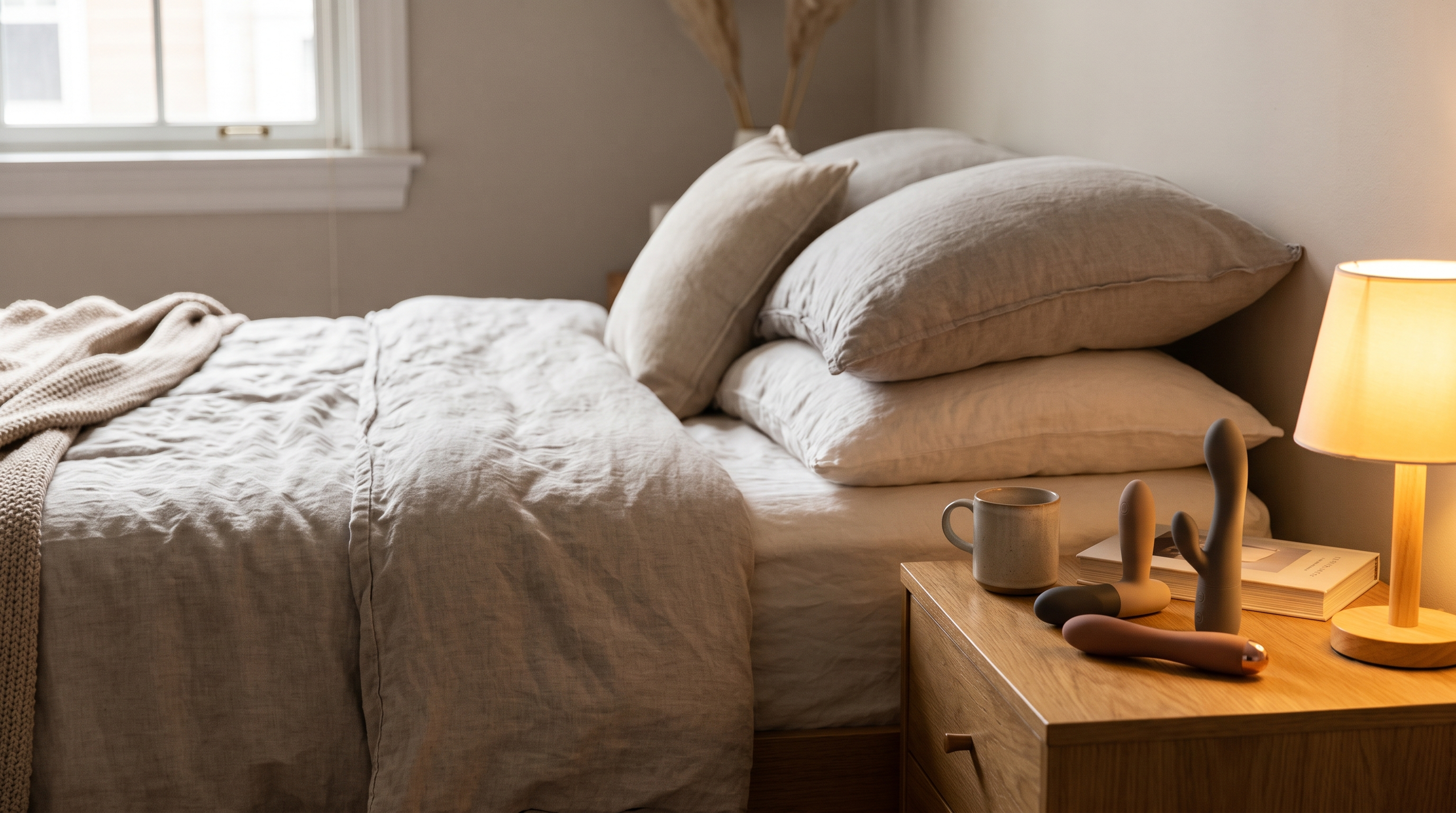A selection of vibrators on a nightstand in a cozy bedroom.