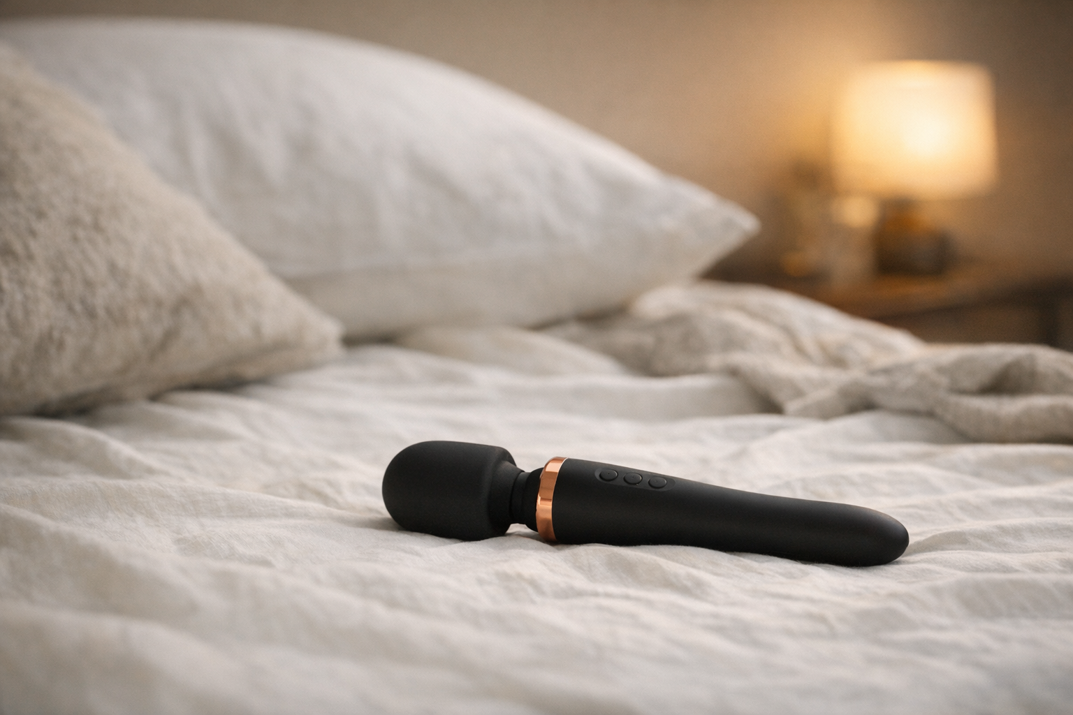 A wand vibrator on a bed