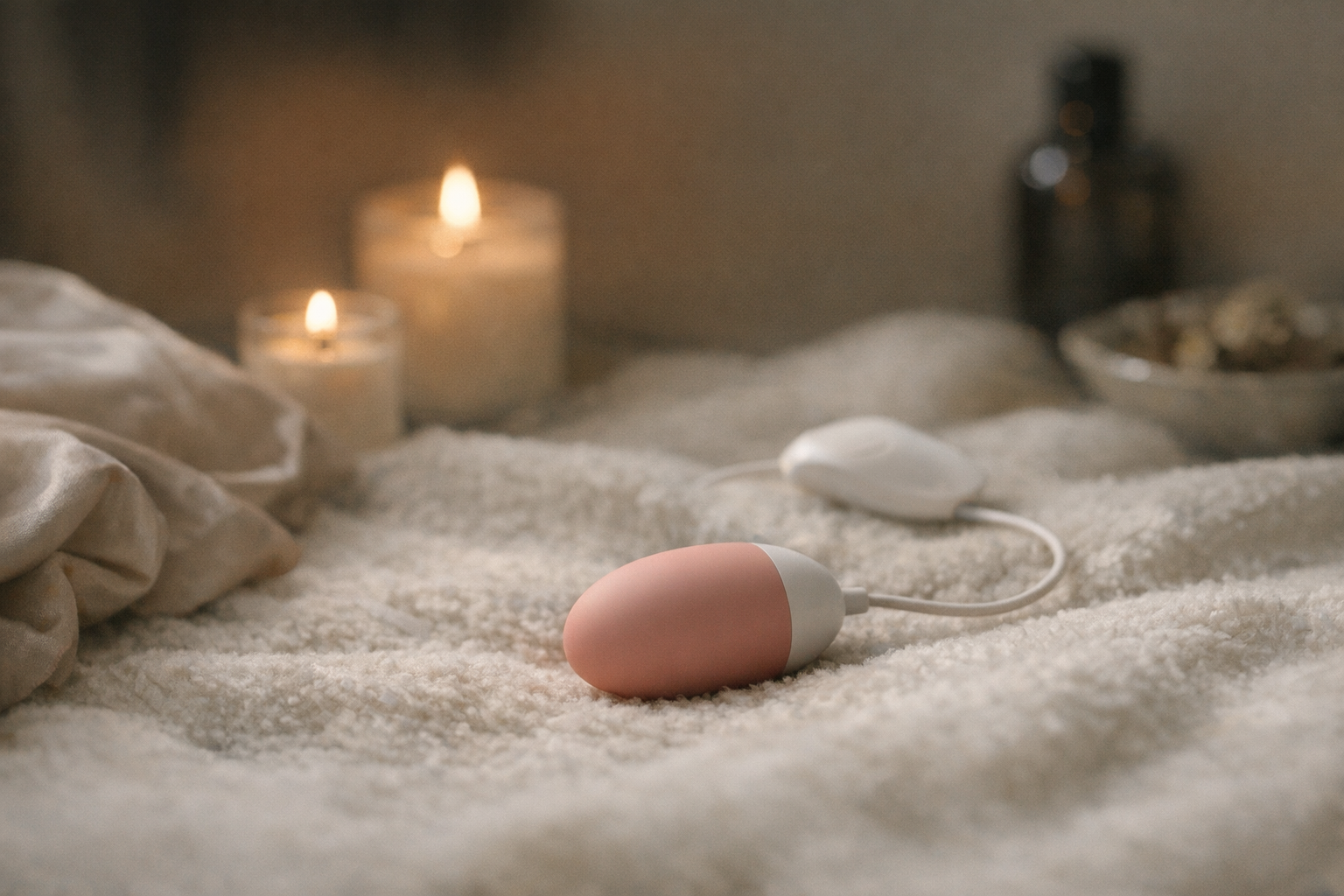 An egg vibrator on a soft surface with relaxing elements