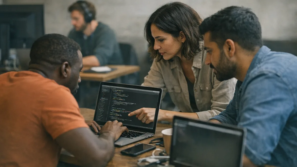Developers collaborating on coding