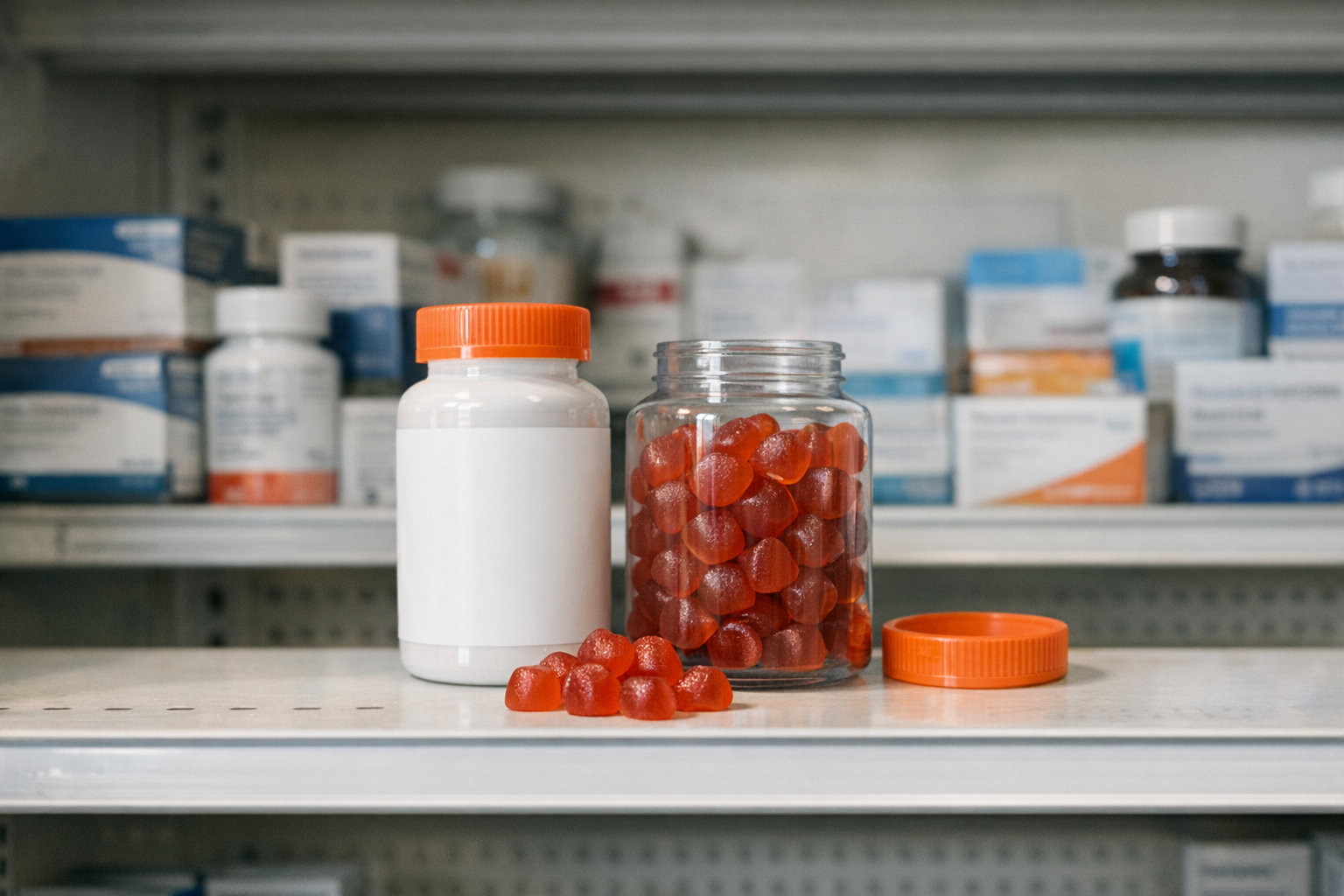 GLP-1 gummies on a pharmacy shelf