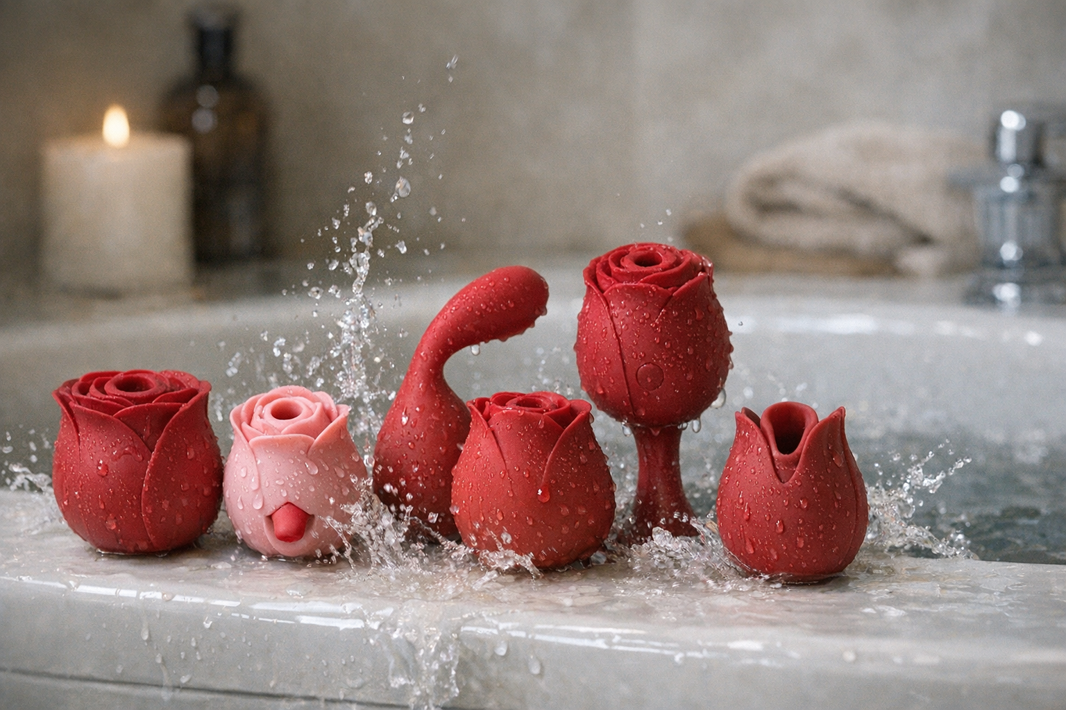 Different models of the Rose Toy in a bathroom setting
