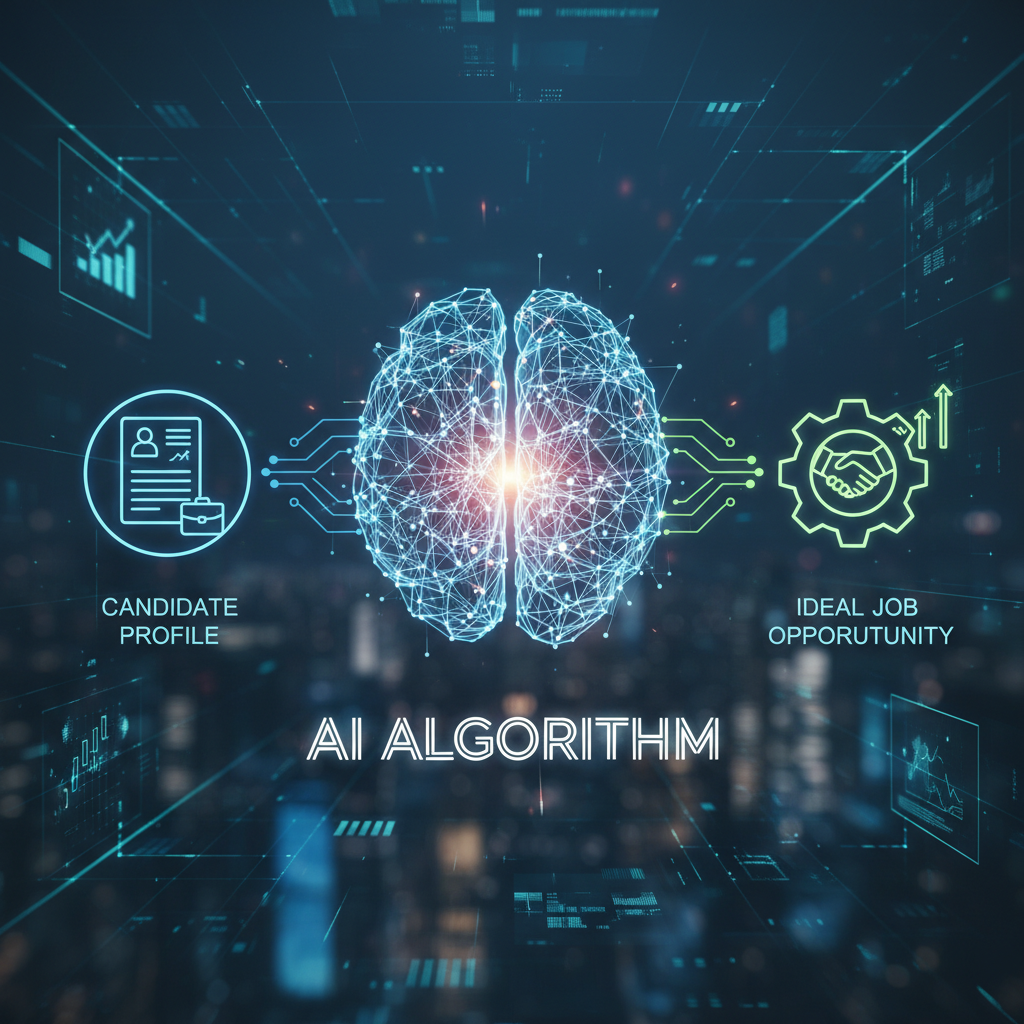 Conceptual illustration of AI algorithm connecting candidate profile with job opportunity.
