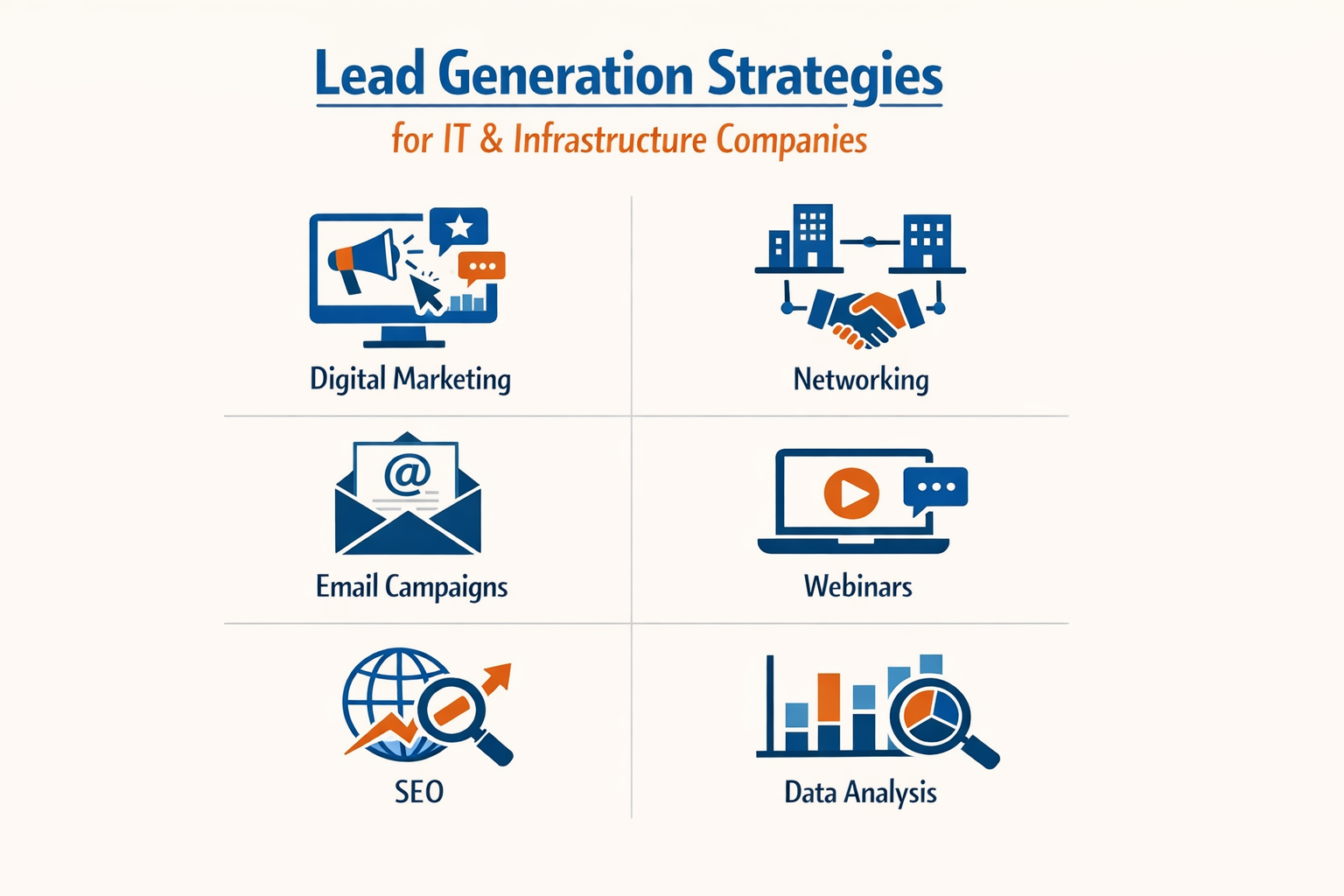Infographic of lead generation strategies for IT and infrastructure companies.