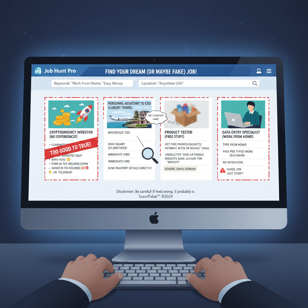 Understanding fake job listings with examples on a computer screen