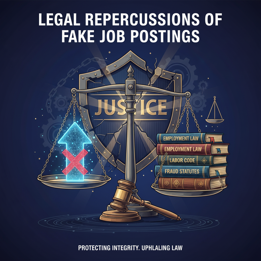 Legal implications of fake job listings with scales of justice